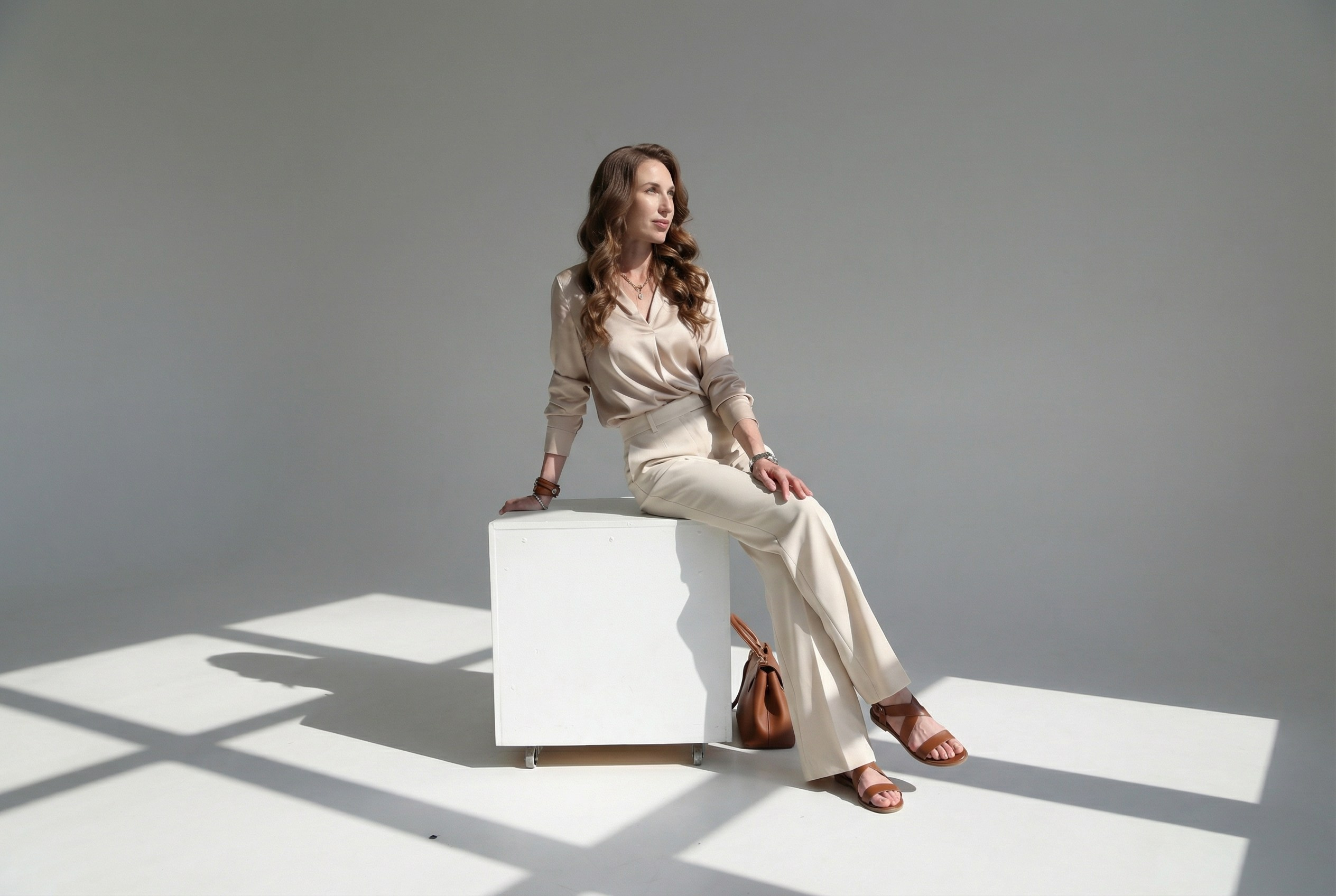 Девушка сидит на циклораме, освещенная лучами солнца в студии.