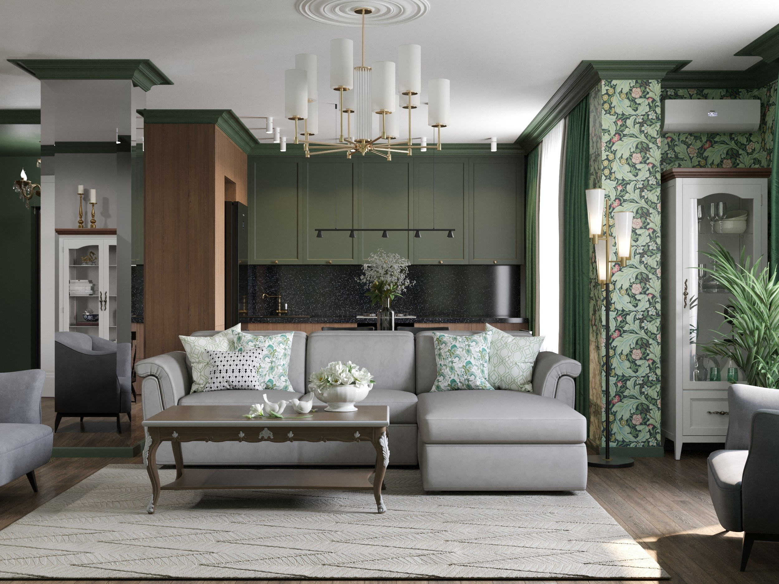 интерьер гостиной в классическом стиле м большим современным диваном, интерьер кухни в темно-зеленом цвете и с натуральным деревом 