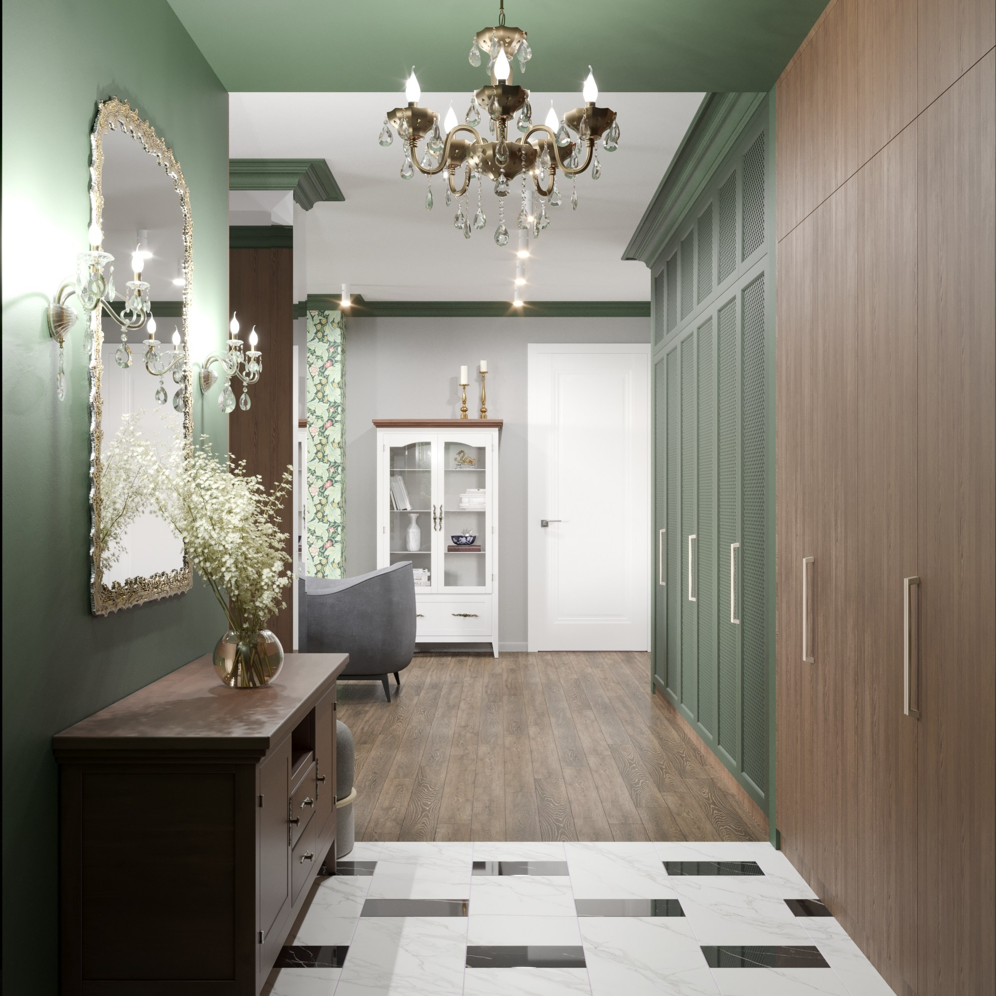 интерьер прихожей в классическом стиле в зеленом цвете, зеркало в золотой раме, черно-белая плитка 