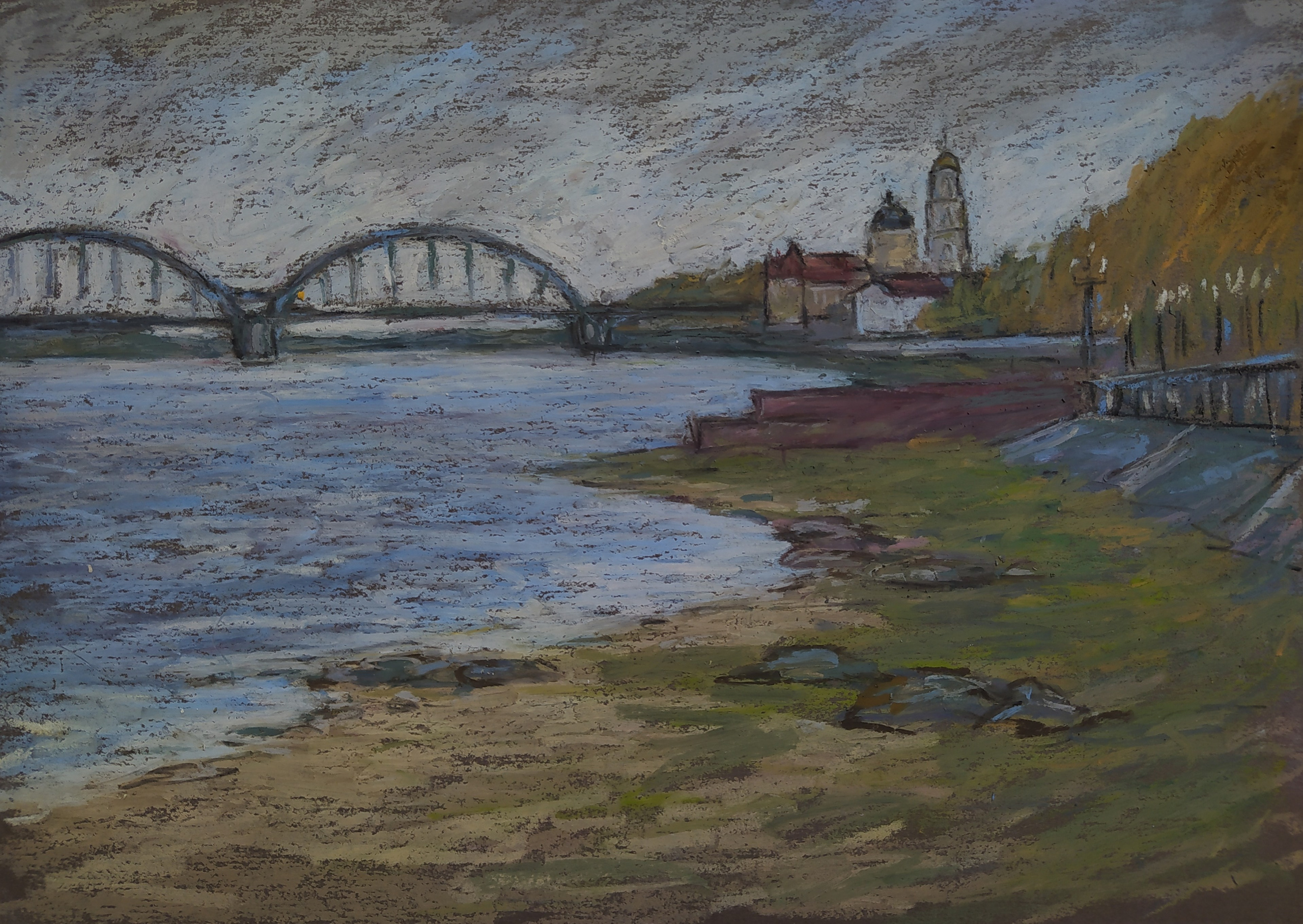 Пейзаж масляной пастелью, рисунок - Вид на набережную Рыбинска