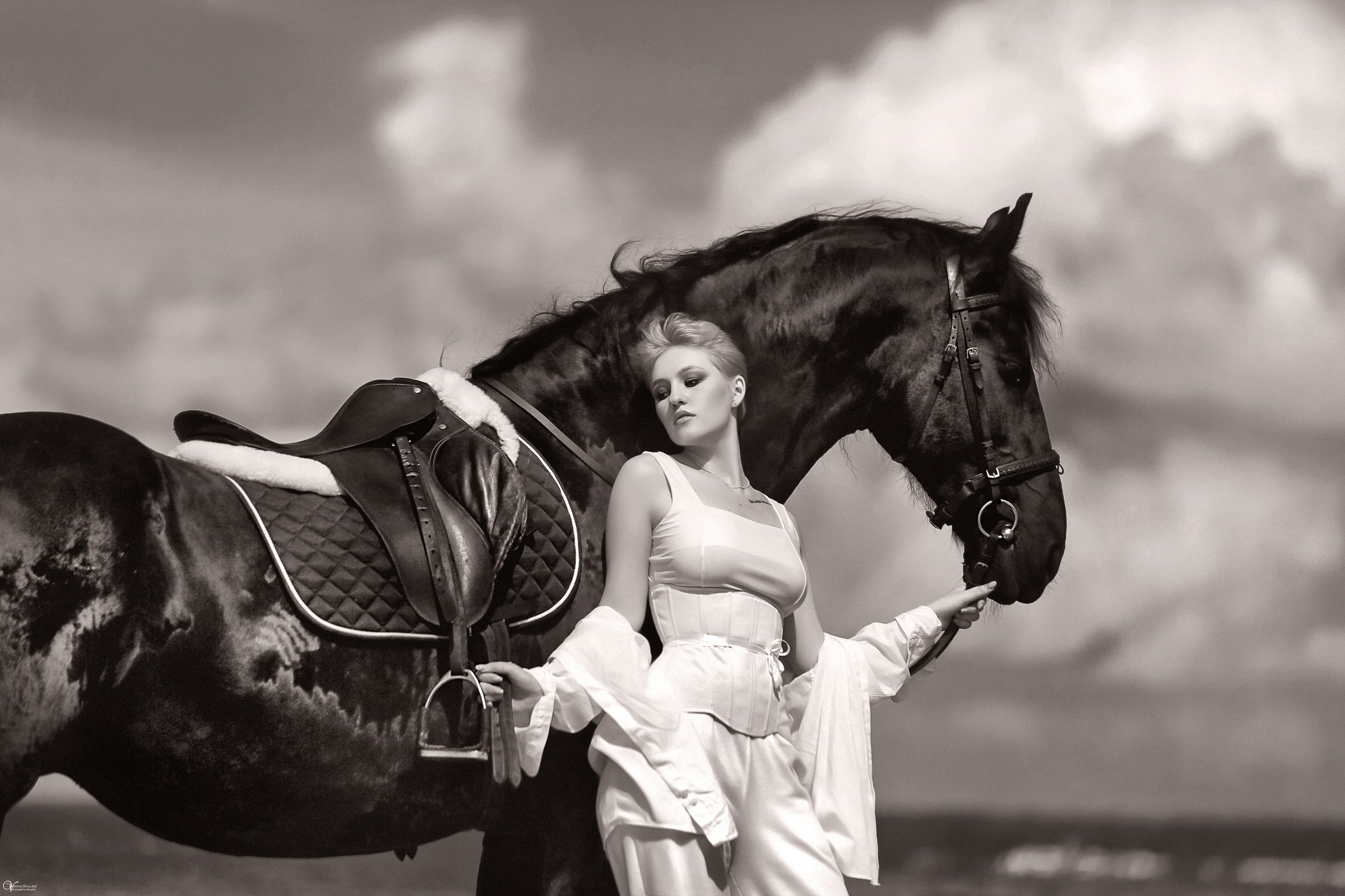 Черно-белая фотография девушка и вороной конь