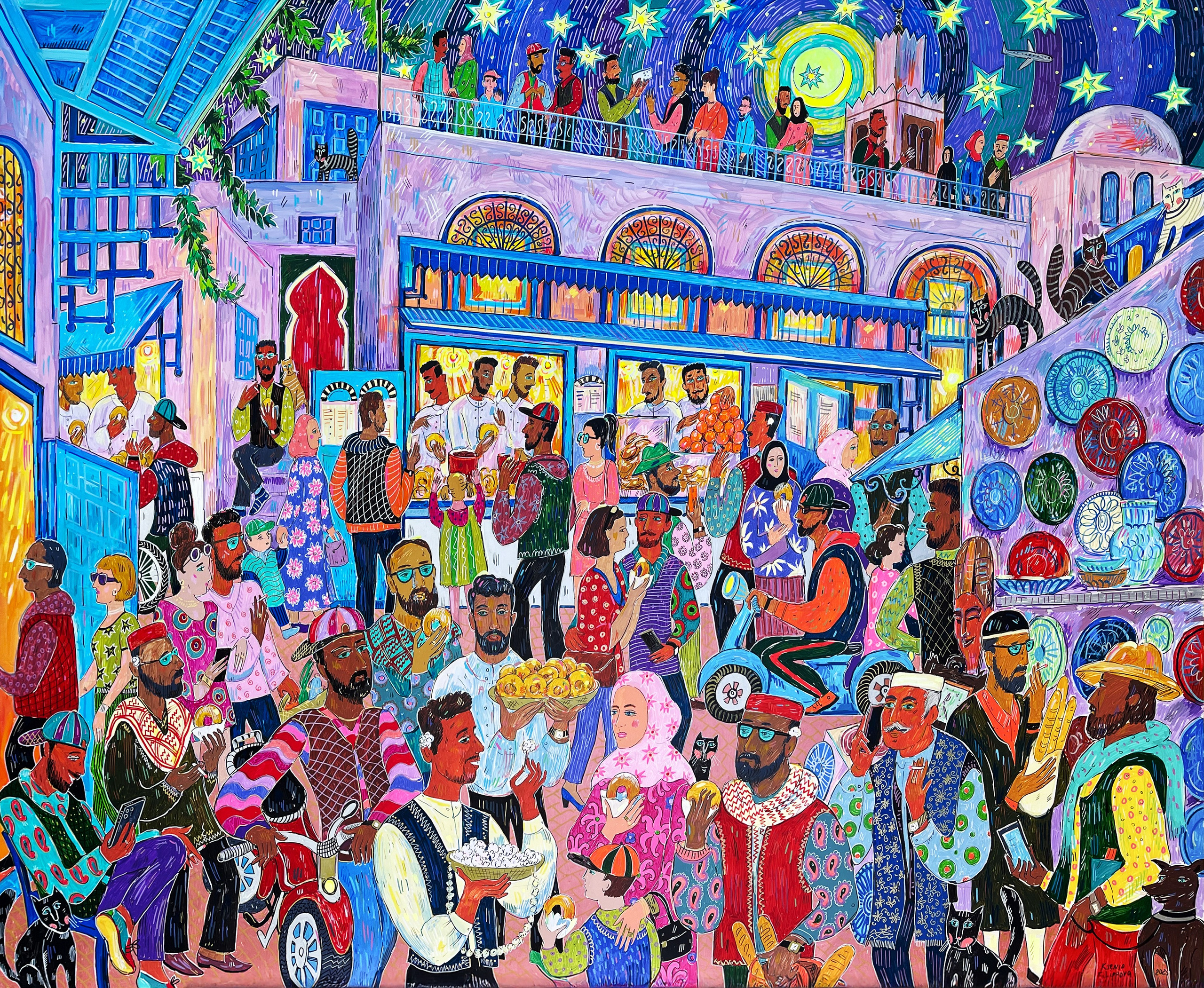 Bambalouni in Sidi Bou Saïd, acrylic and acrylic markers on canvas, 81 × 100 cm, 2025