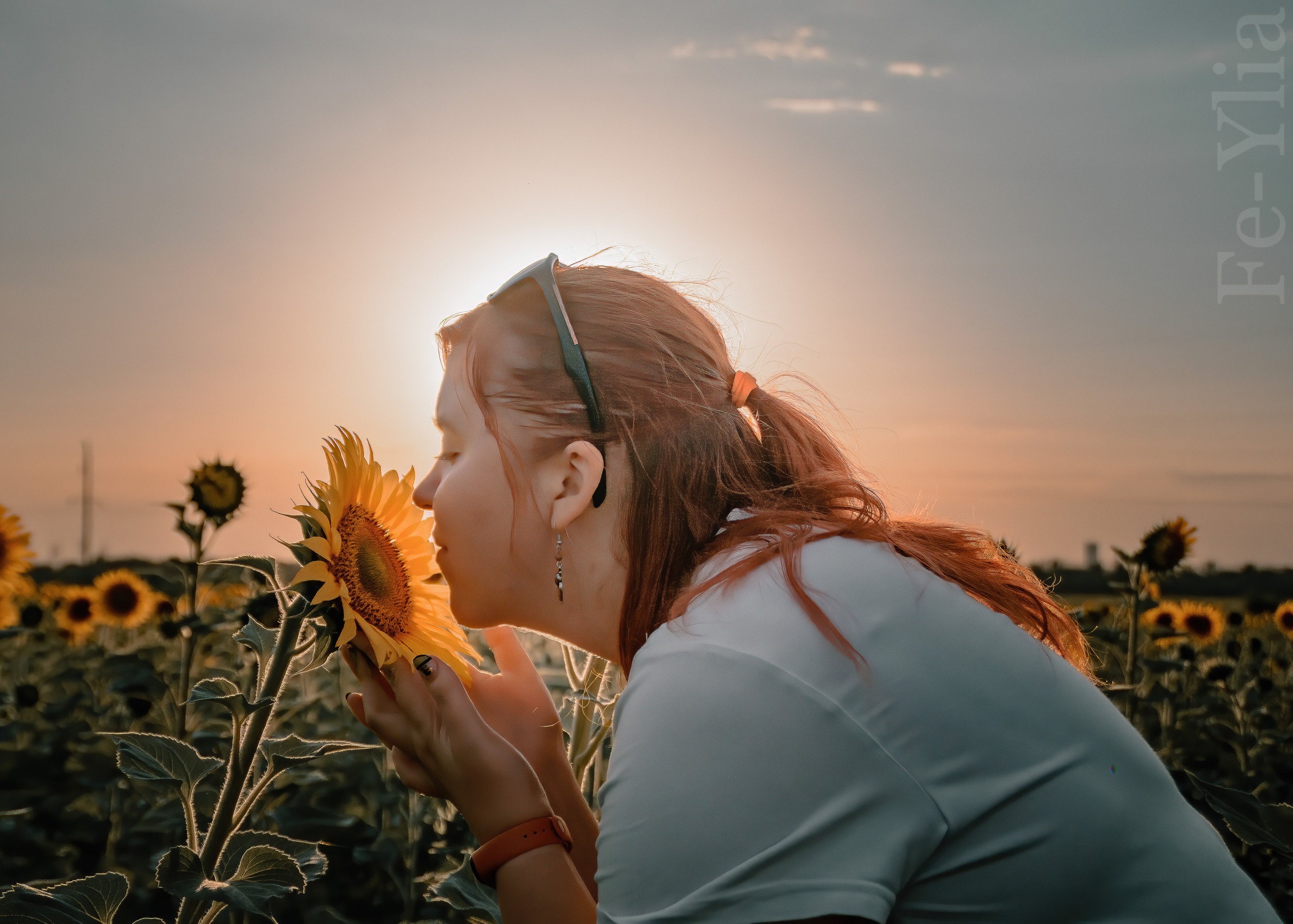 Девушка на фоле солнца нагнулась понюхать подсолнух