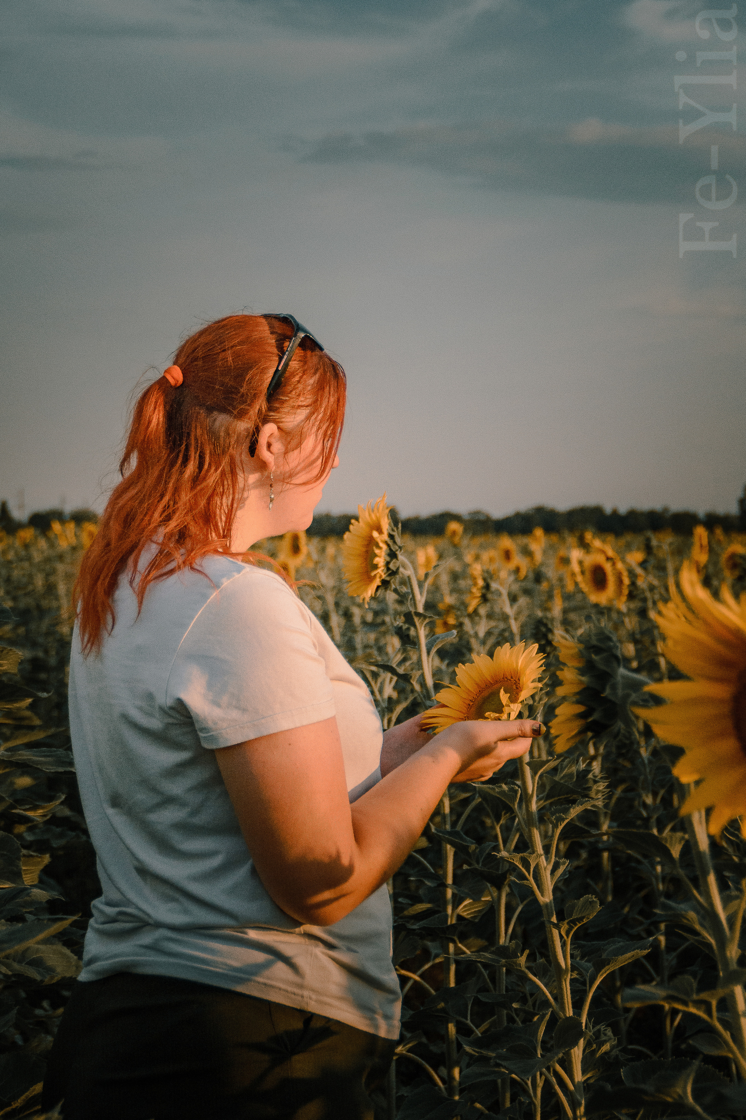 девушка с рыжими мокрыми волосами  в поле смотрит на подсолнух