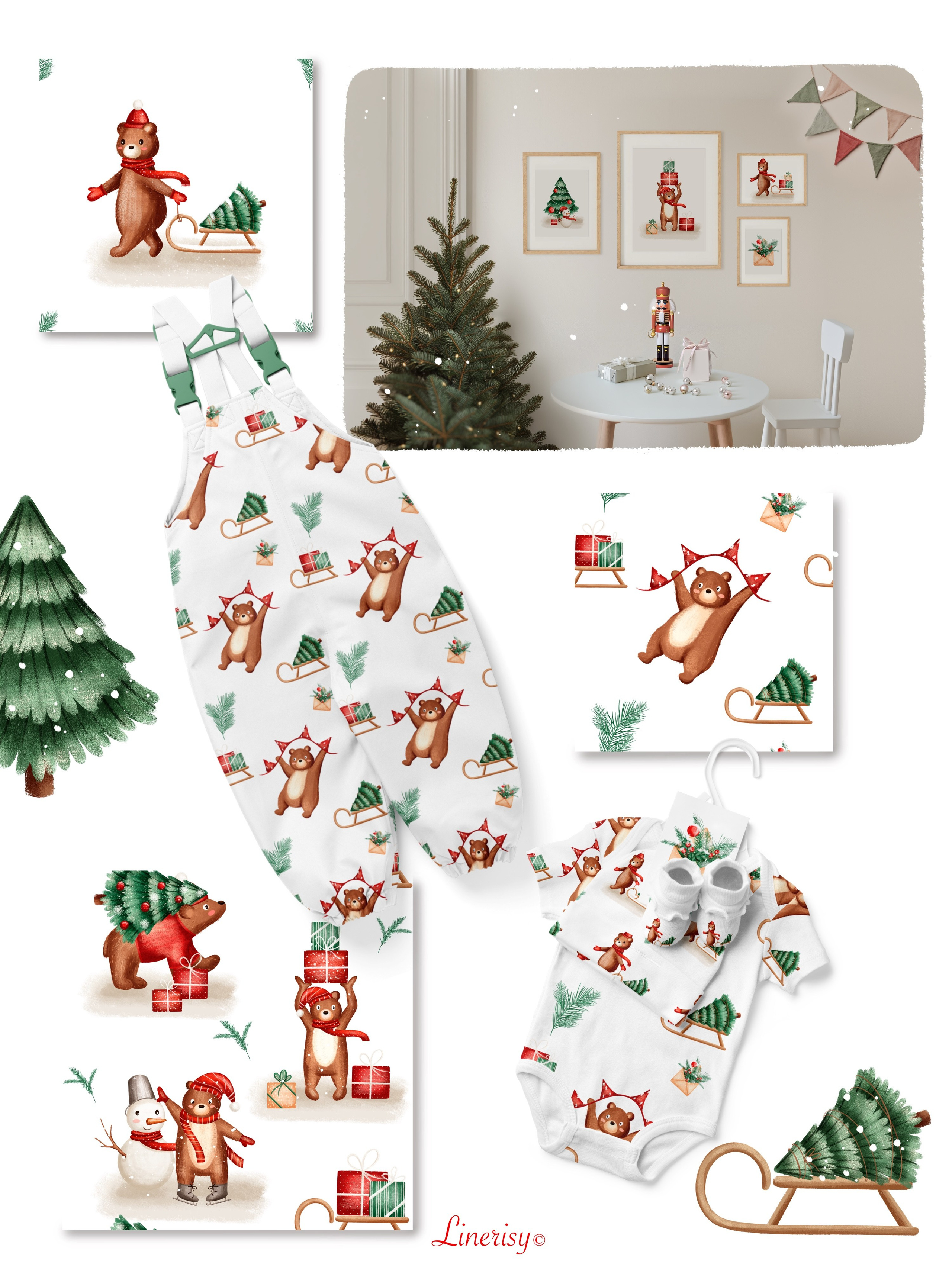 Коллекция «С Новым годом, Мишка» — графические иллюстрации, композиции, постеры и бесшовные паттерны. Художник-иллюстратор Евгения Бекренёва