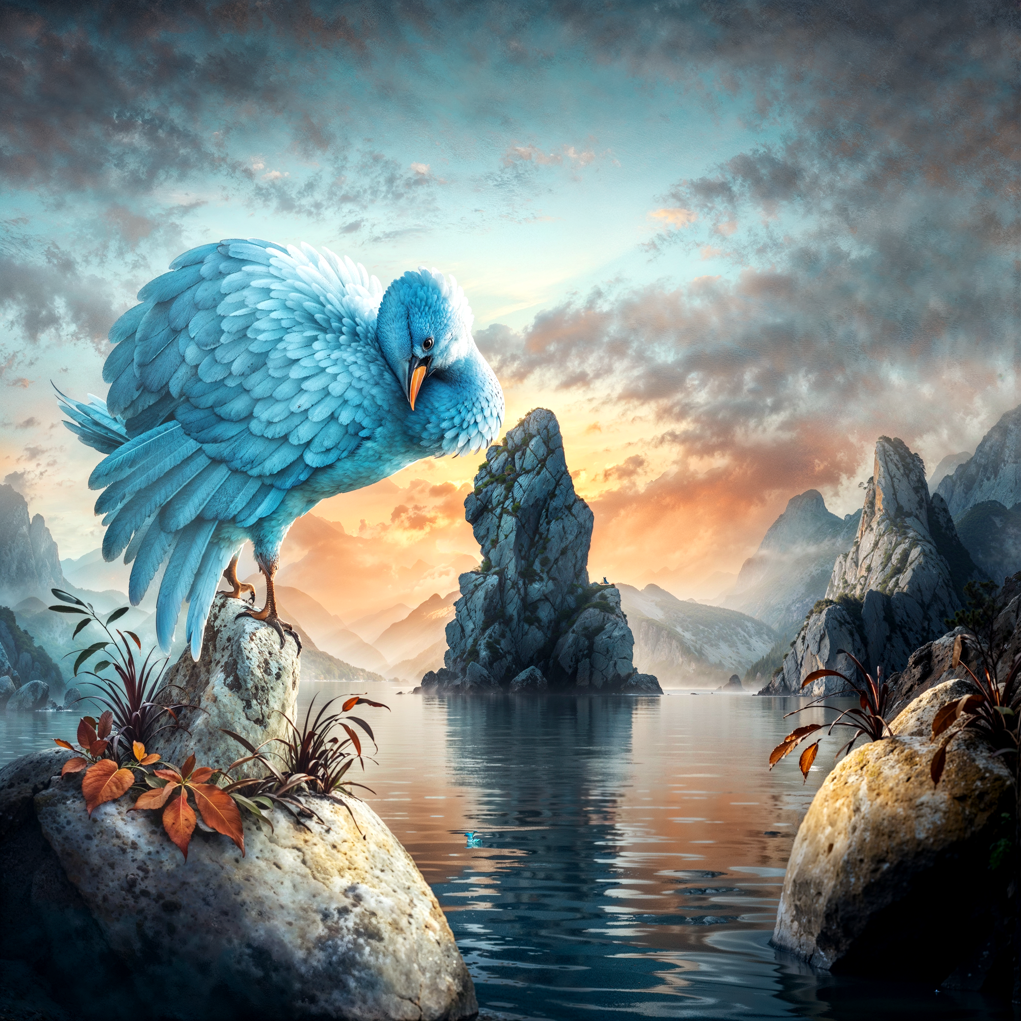 Оптическая иллюзия с голубой птицей и скалой, формирующей лицо женщины на фоне озера