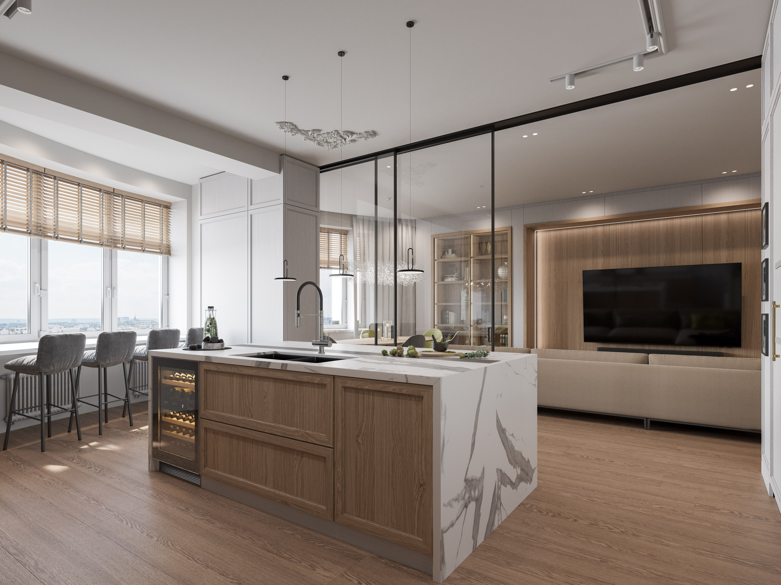 Кухня в стиле современная классика с мраморной столешницей и филенчатыми фасадами