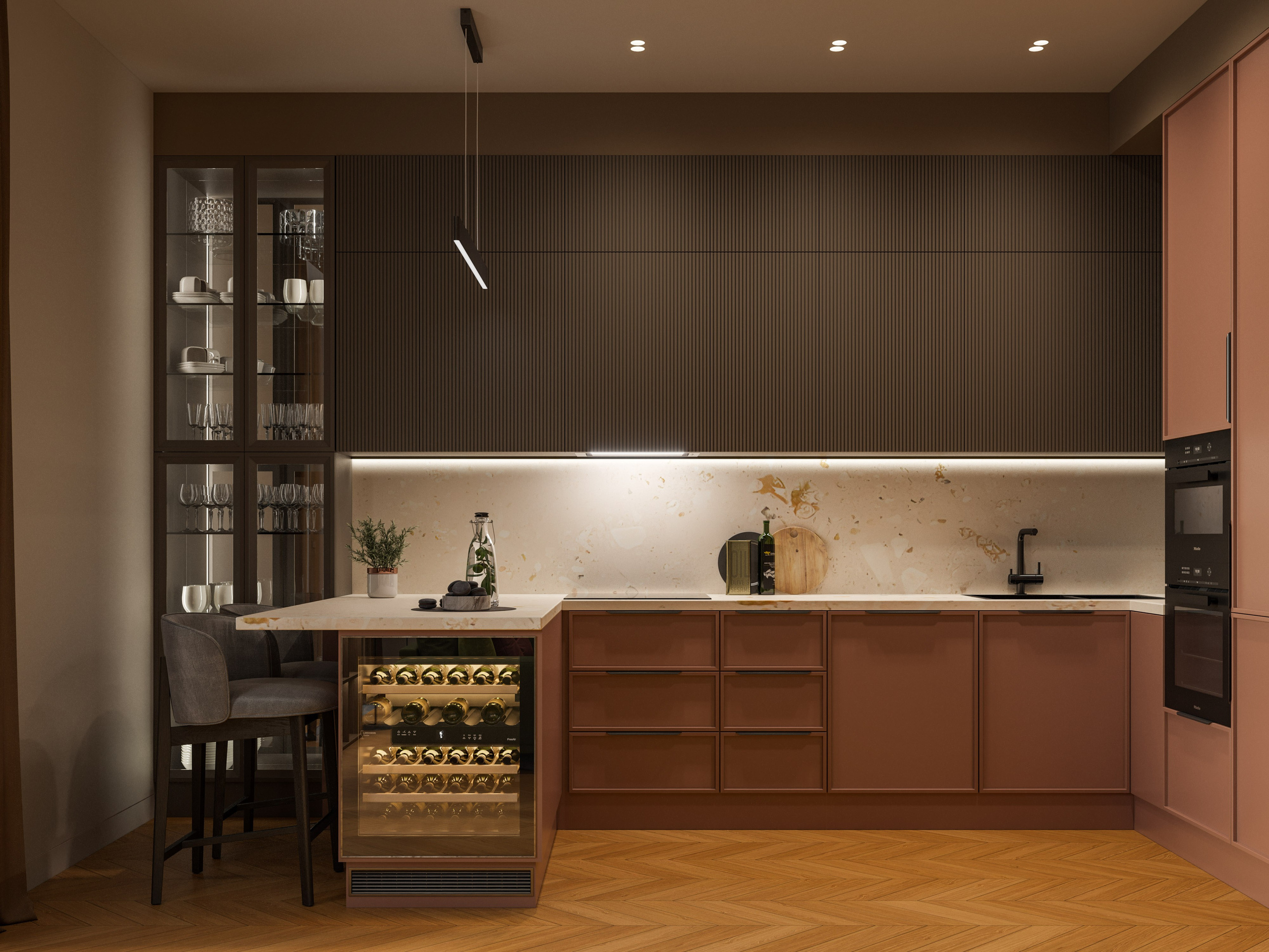 Яркая кухня в современном стиле с кораловыми фасадами и мраморной столешницей