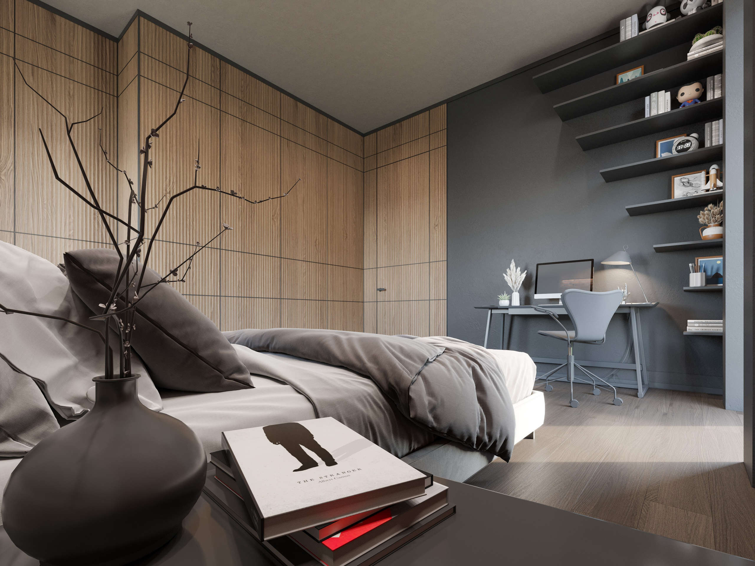 Визуализация детской комнаты с рабочим местом и стеновыми панелями из дерева