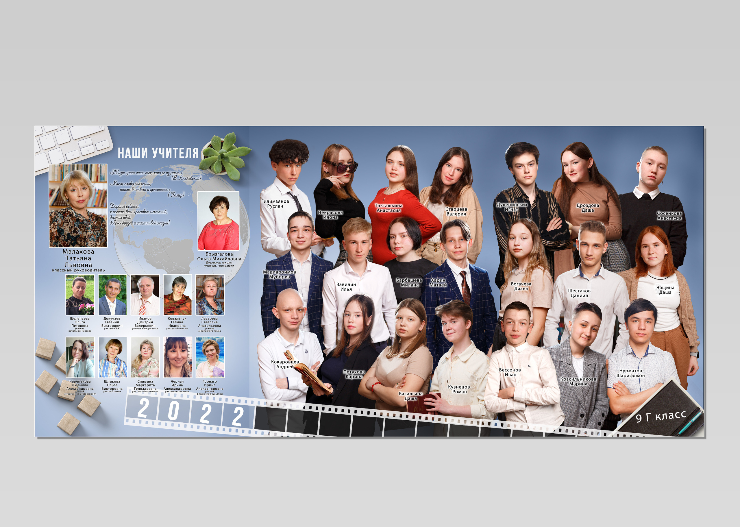 выпускной альбом, разворот, 9 класс, 11 класс, учитель, трюмо, трио, коллаж