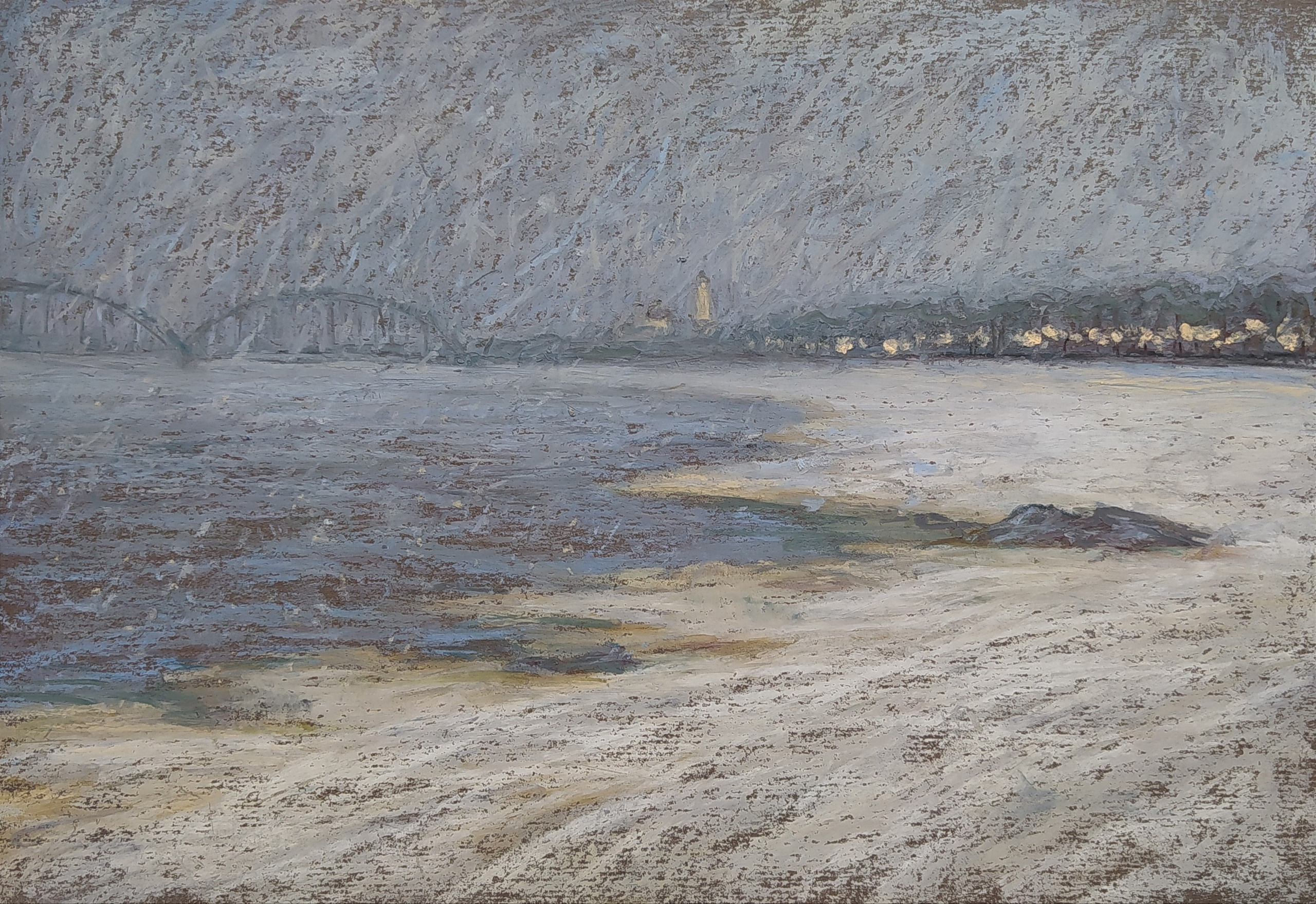 Пейзаж масляной пастелью, рисунок - Метель над Рыбинском, берег реки