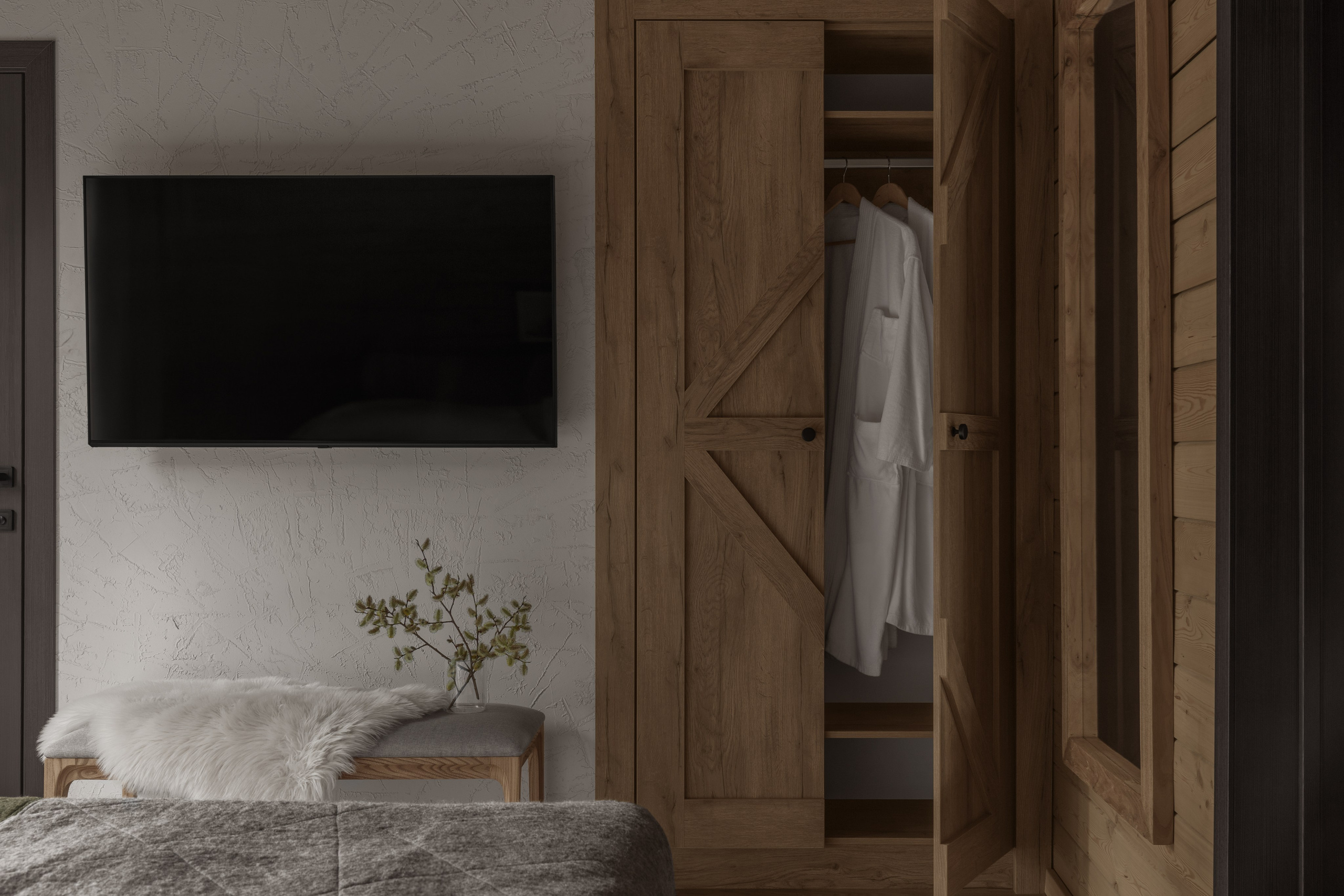 Профессиональная фотосъёмка дизайн-проекта отеля в предгорьях Алматы, деревянный домик 