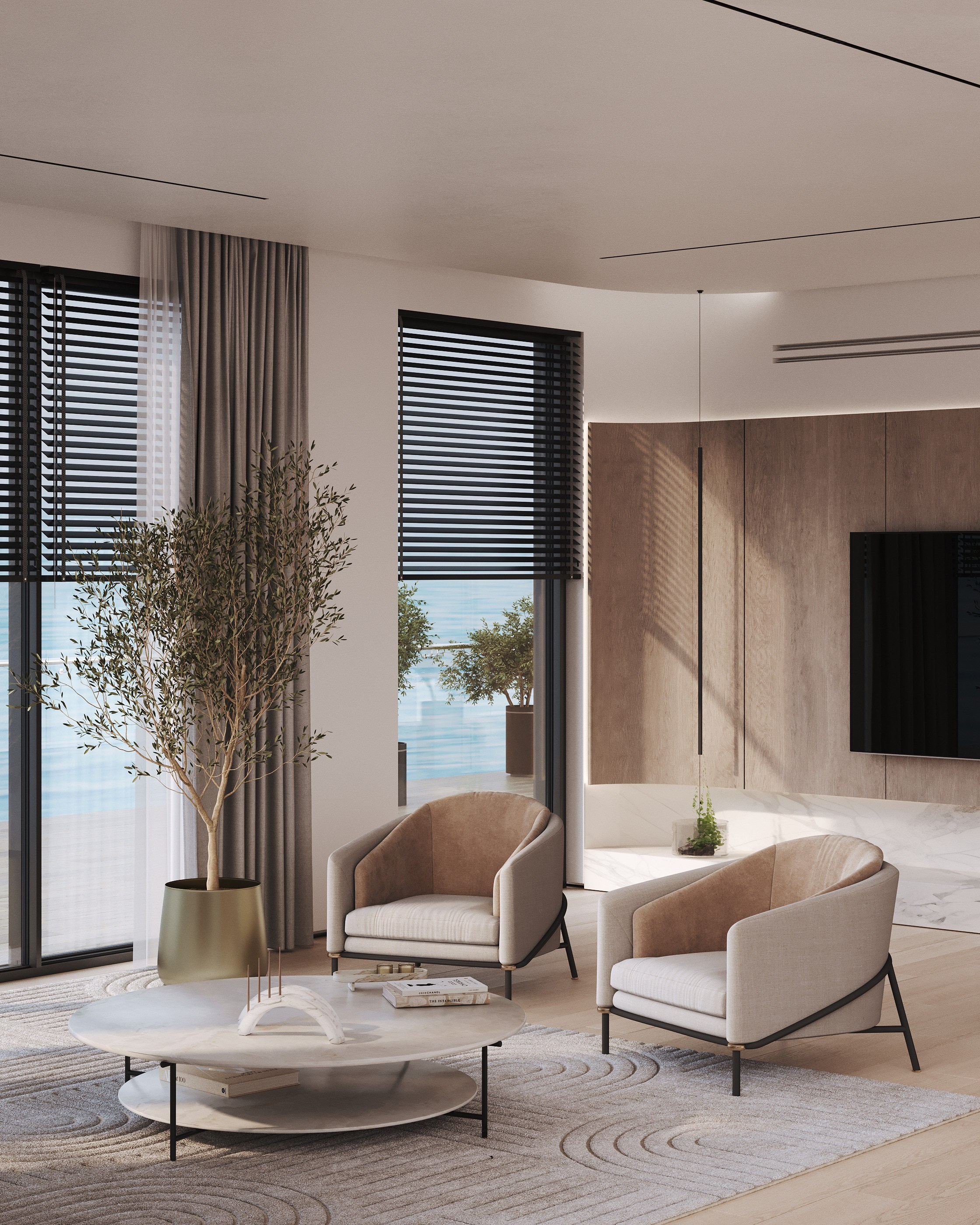 визуализация кухни - гостиной в минималистичном современном  стиле