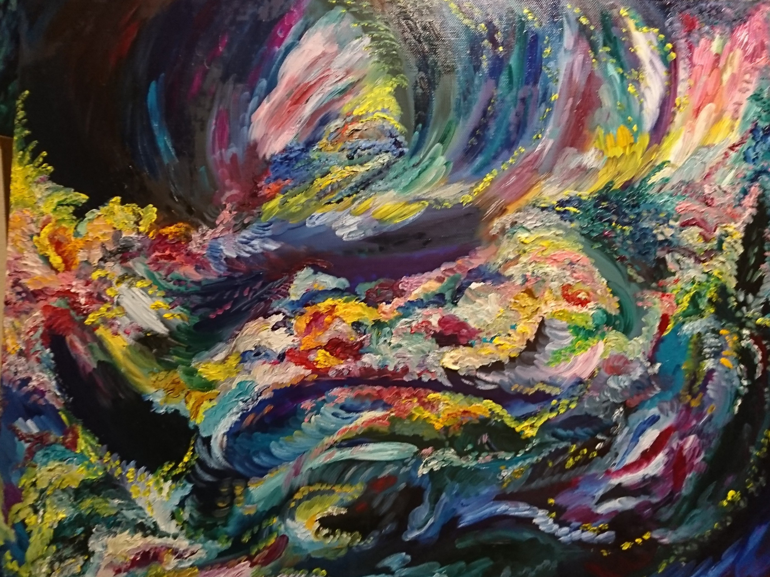 Картина с элементами абстракции и сюрреализма. Насыщенная цветовая палитра, многообразие цветов, лепестки, бутоны, аромат летнего поля.