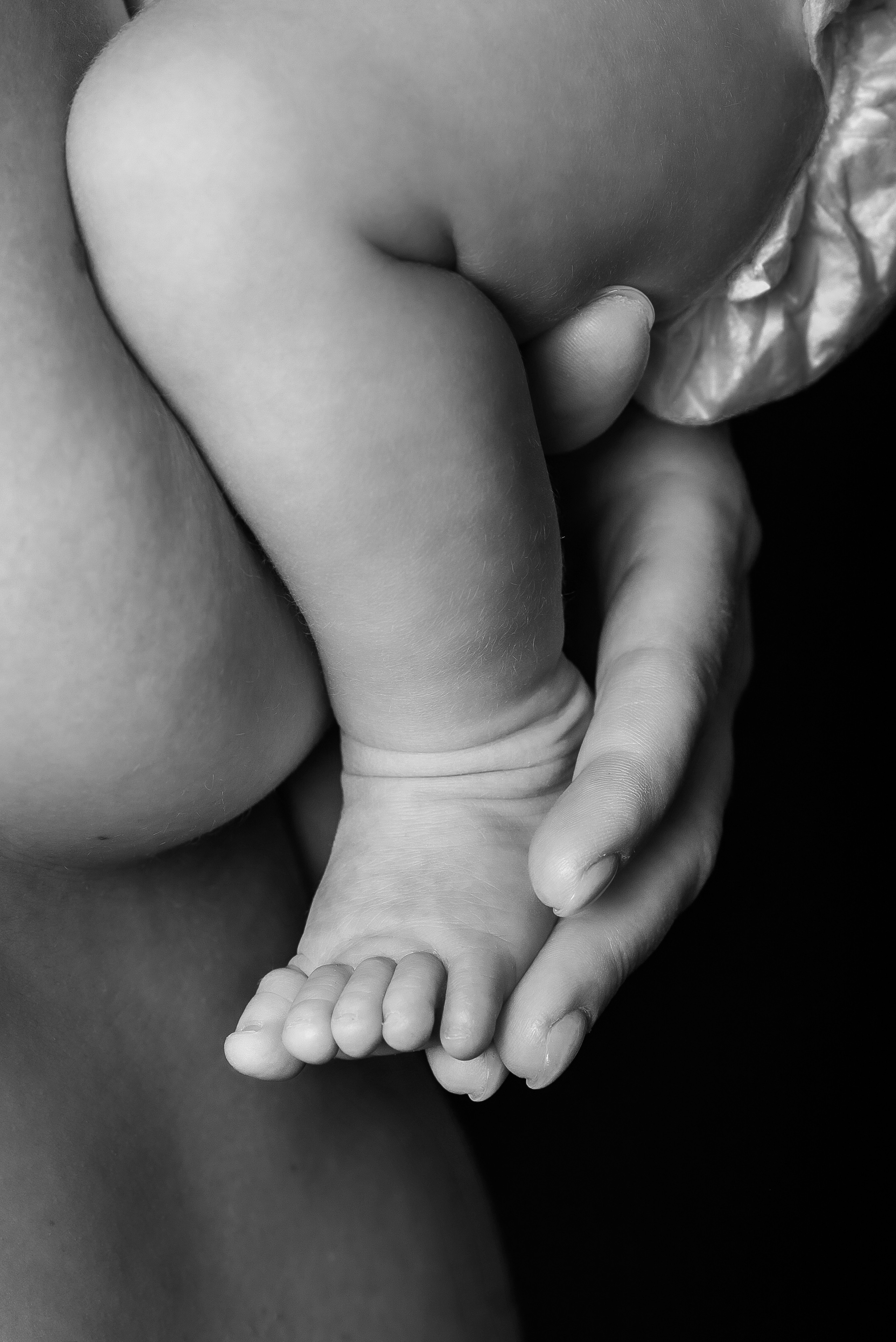 черно-белое фото мамина рука держит ножку малыша крупный план