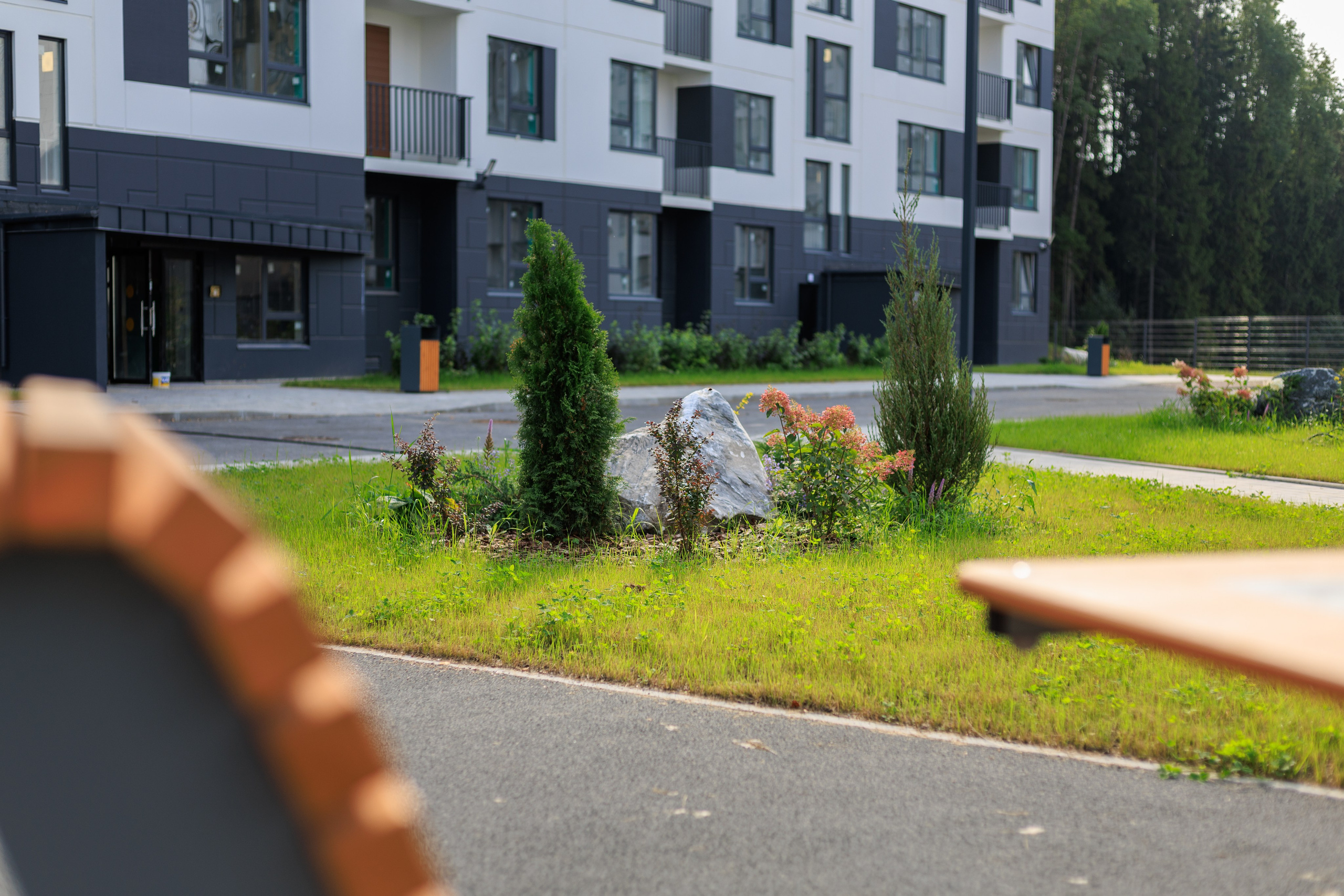 На фотографии изображено пространство перед многоквартирным домом. Видны лавочки, зеленые насаждения и подъездная дорога.