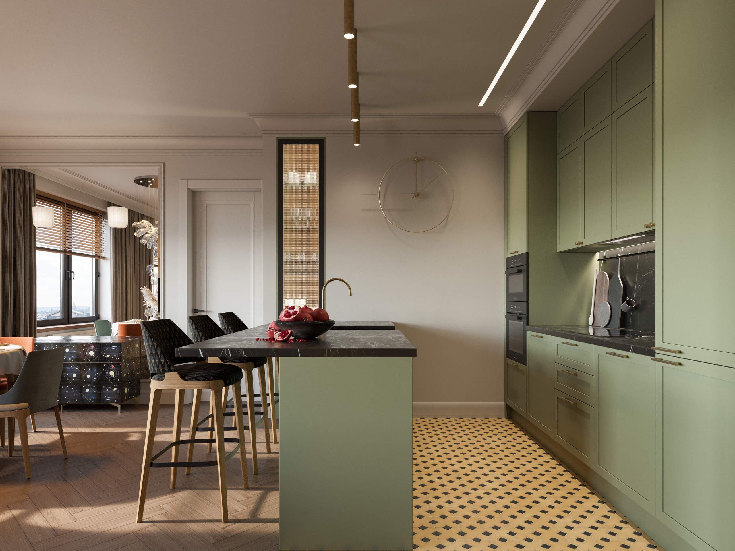 Визуализация зеленой кухни с островом, желтой плиткой и встроенной техникой