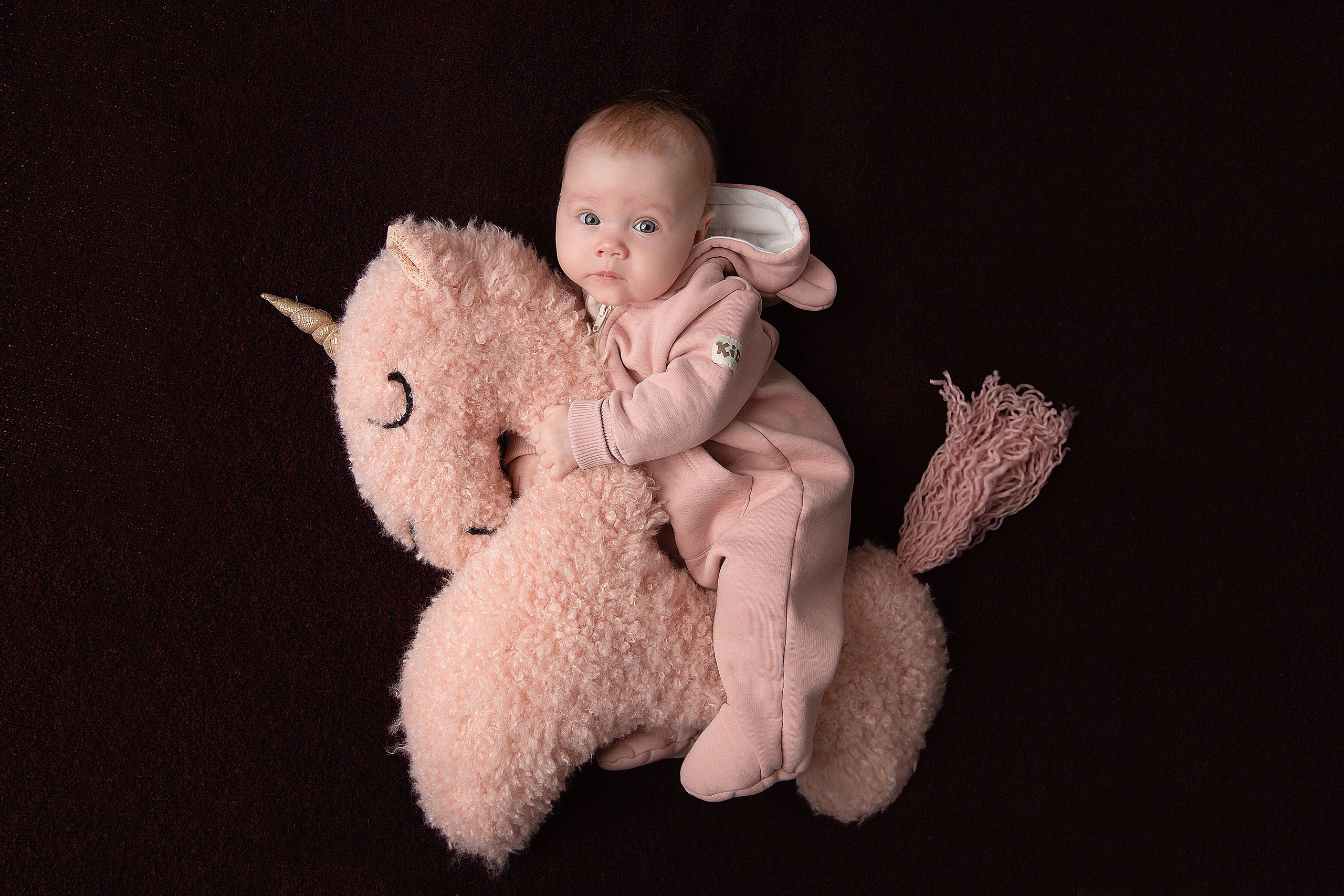 фотосессия малыши до года малышка в розовом костюме сидит на мягкой розовой лошадке