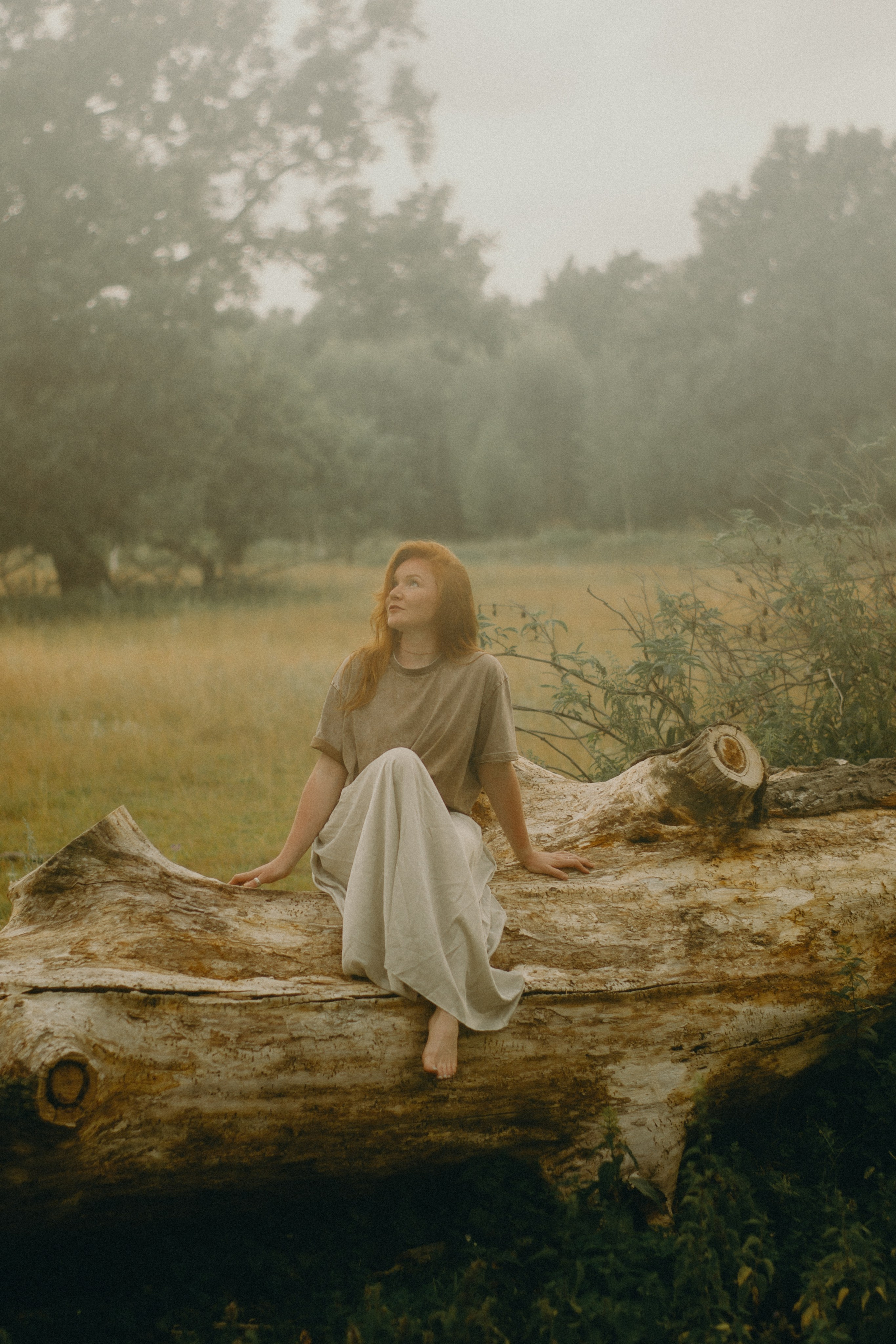На фотографии изображена девушка, сидящая на поваленном стволе дерева в природной местности. Она смотрит в сторону, и ее взгляд направлен куда-то вдаль. Девушка одета в светлое платье, что контрастирует с окружающей природой. Фон изображения заполнен туманом, который создает ощущение таинственности и уединения. Туманная дымка окутывает деревья и кусты, делая сцену еще более загадочной. Светлые тона одежды девушки и тумана создают мягкую и гармоничную цветовую гамму. Обстановка наводит на мысль о тихом и спокойном утре или вечере, когда природа находится в состоянии покоя.