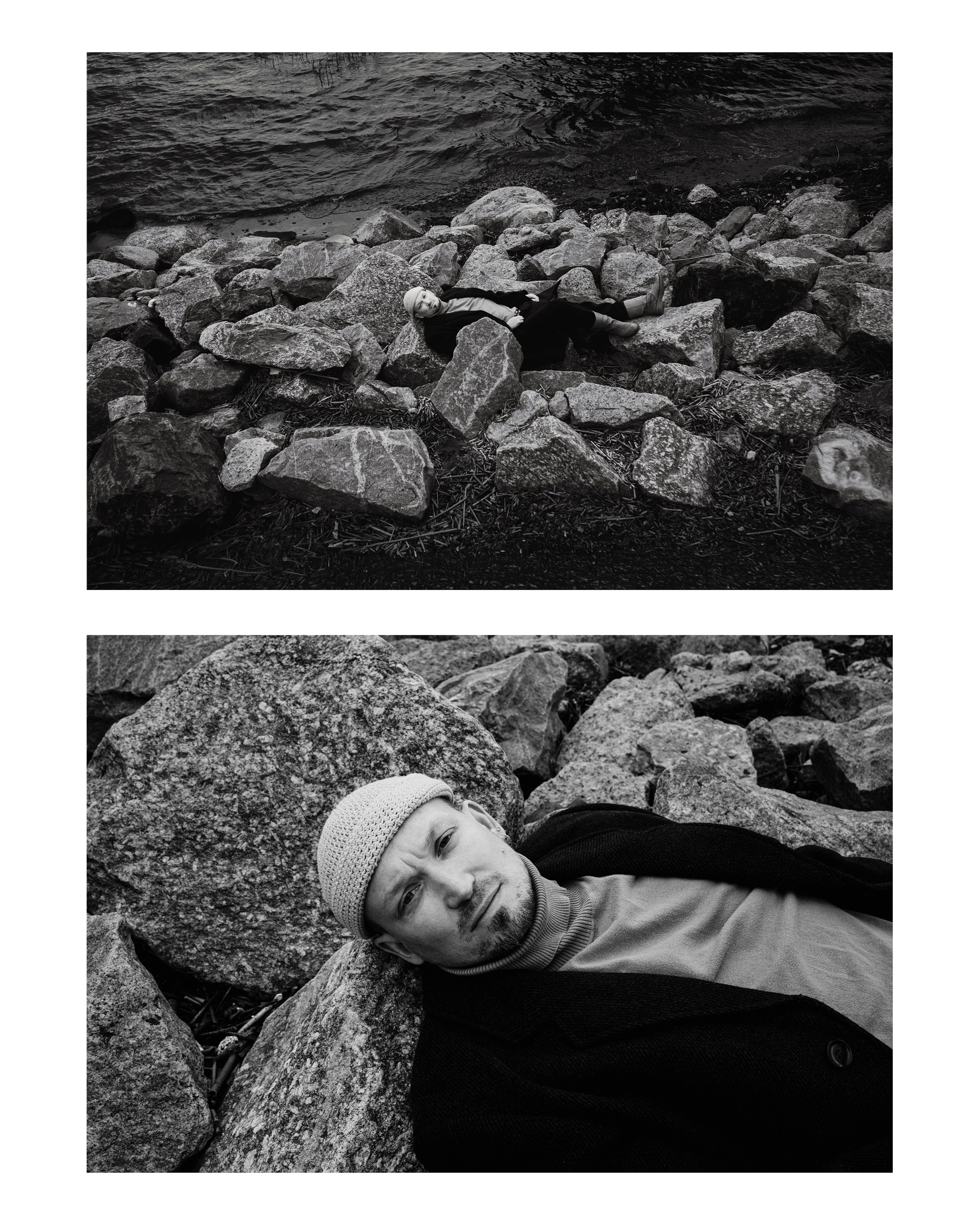 камни берег мужчина позирует на фоне финского залива