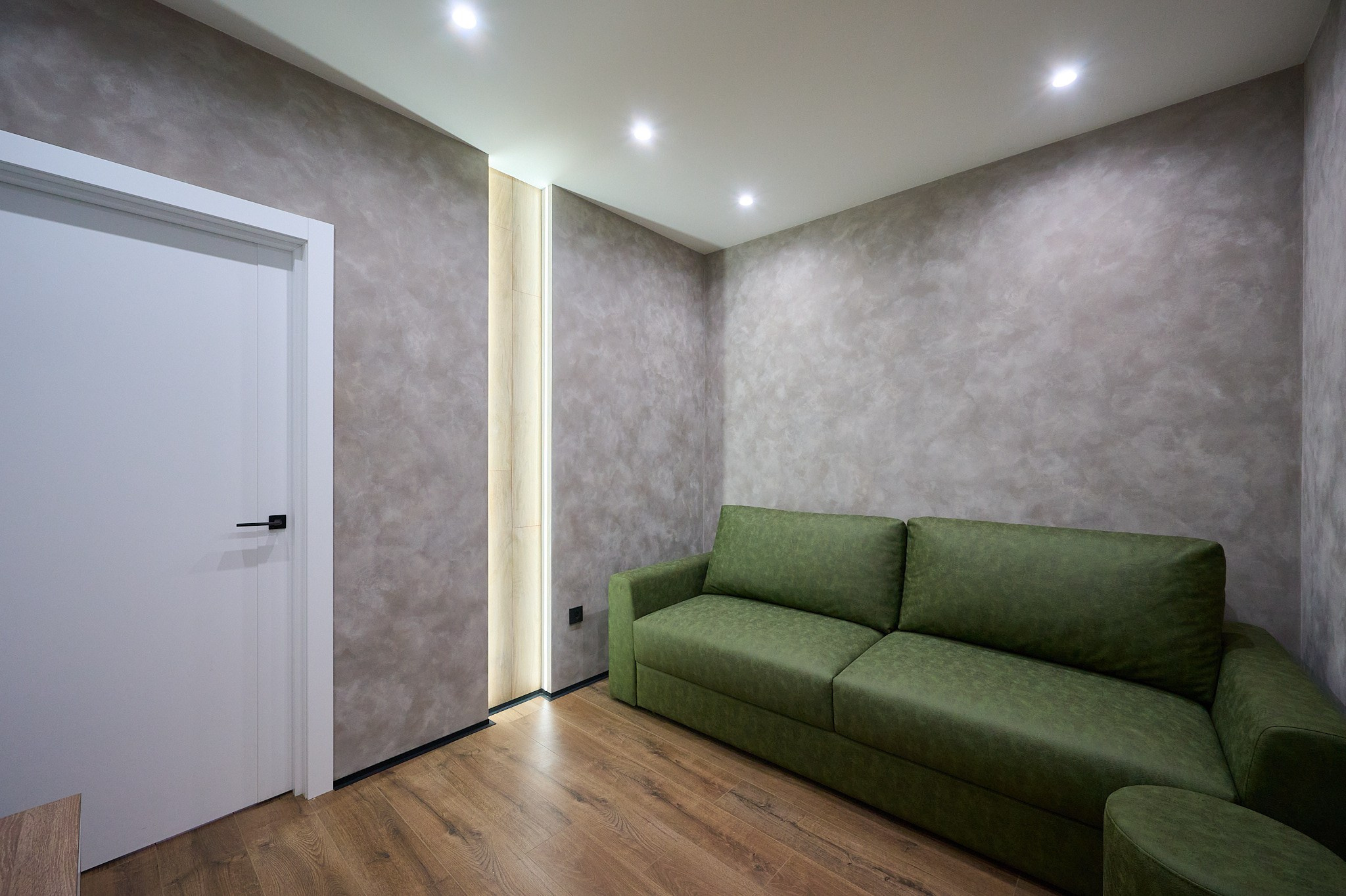 гостиная зеленый диван серые обои графичные белая входная дверь 