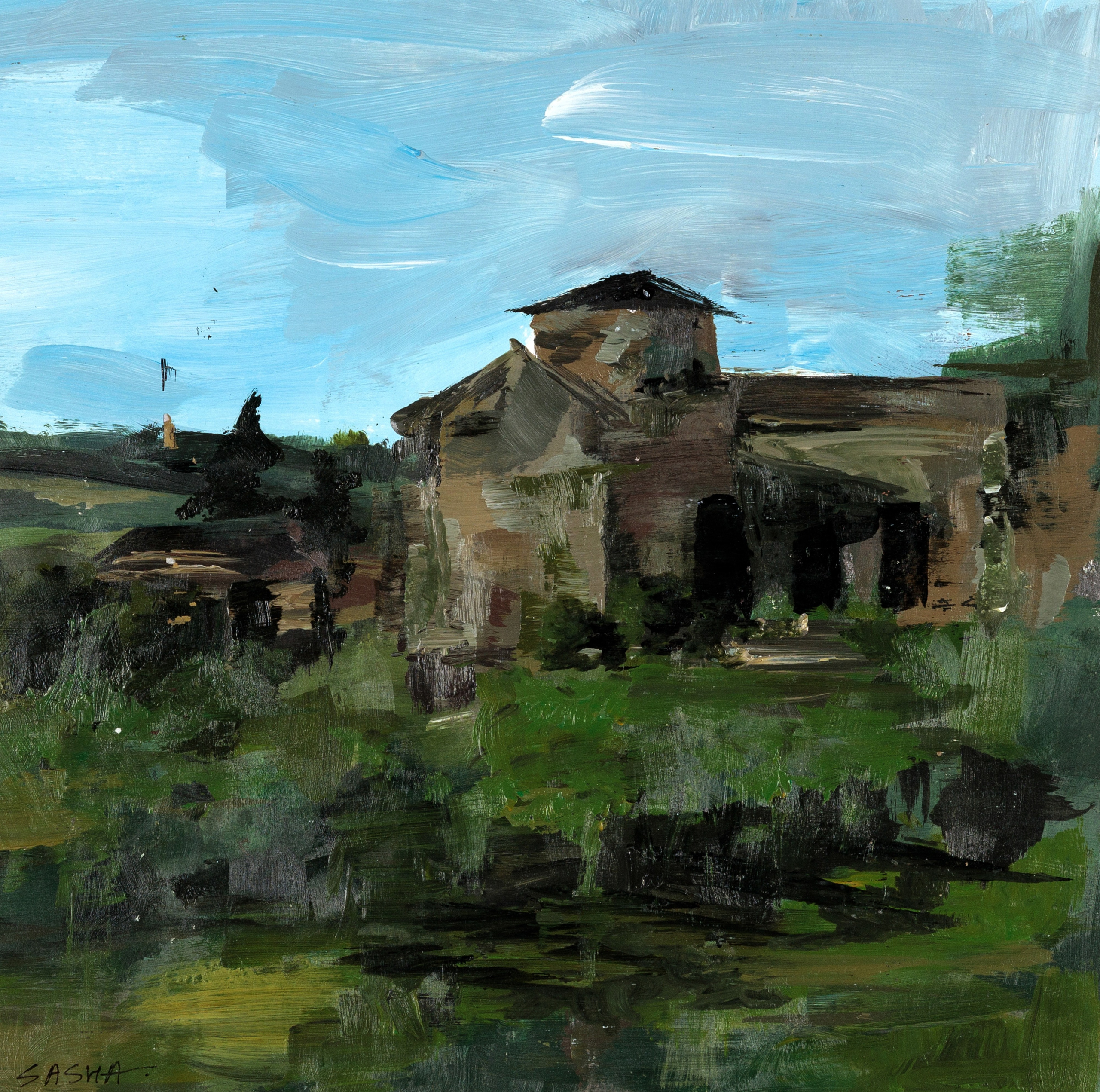 Сельский пейзаж с ветхим зданием и зелеными лугами