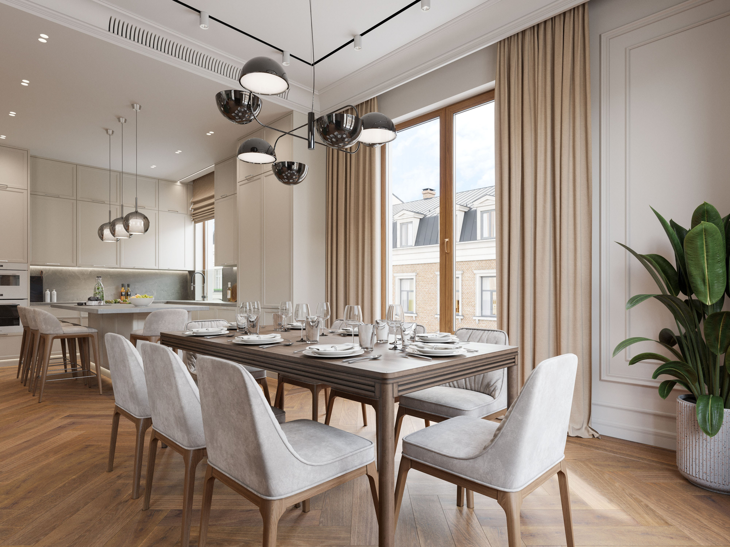 Столовая зона в неоклассическом стиле с деревянным столом и стульями с бархатной обивкой