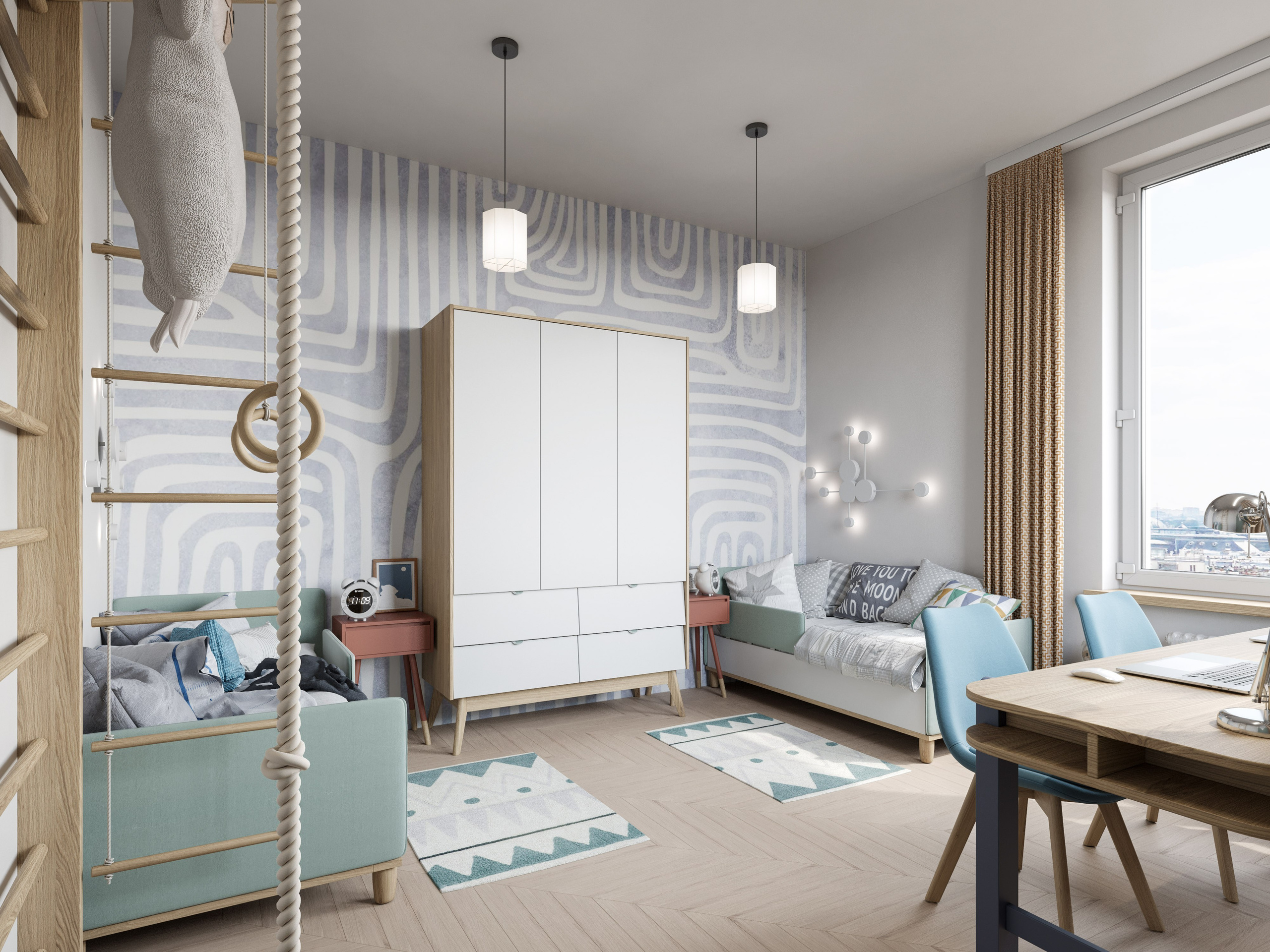 3D визуализация детской комнаты в пастельных тонах с минималистичным дизайном