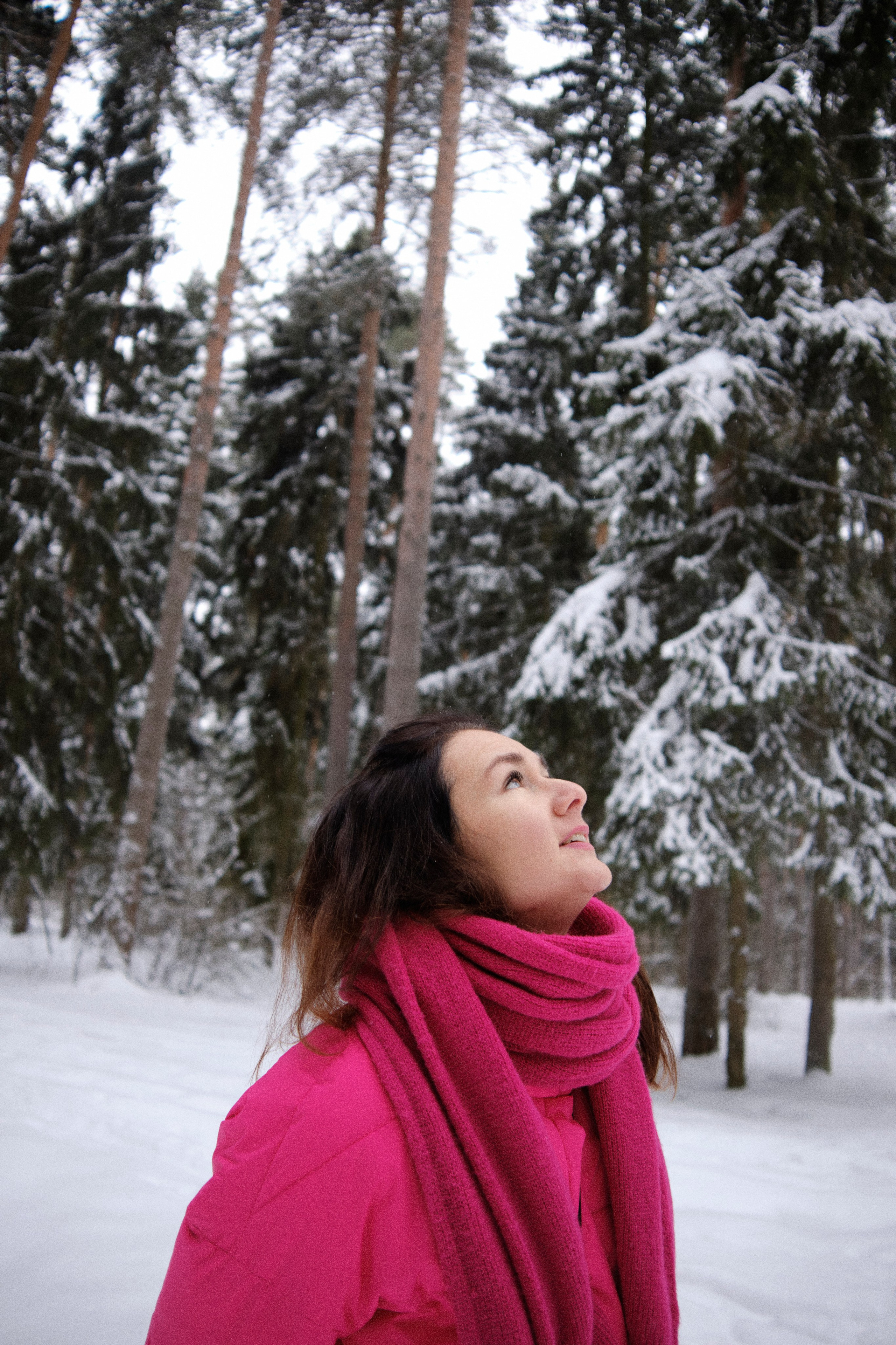 Женщина смотри тв неб в зимнем лесу, стоя без шапки