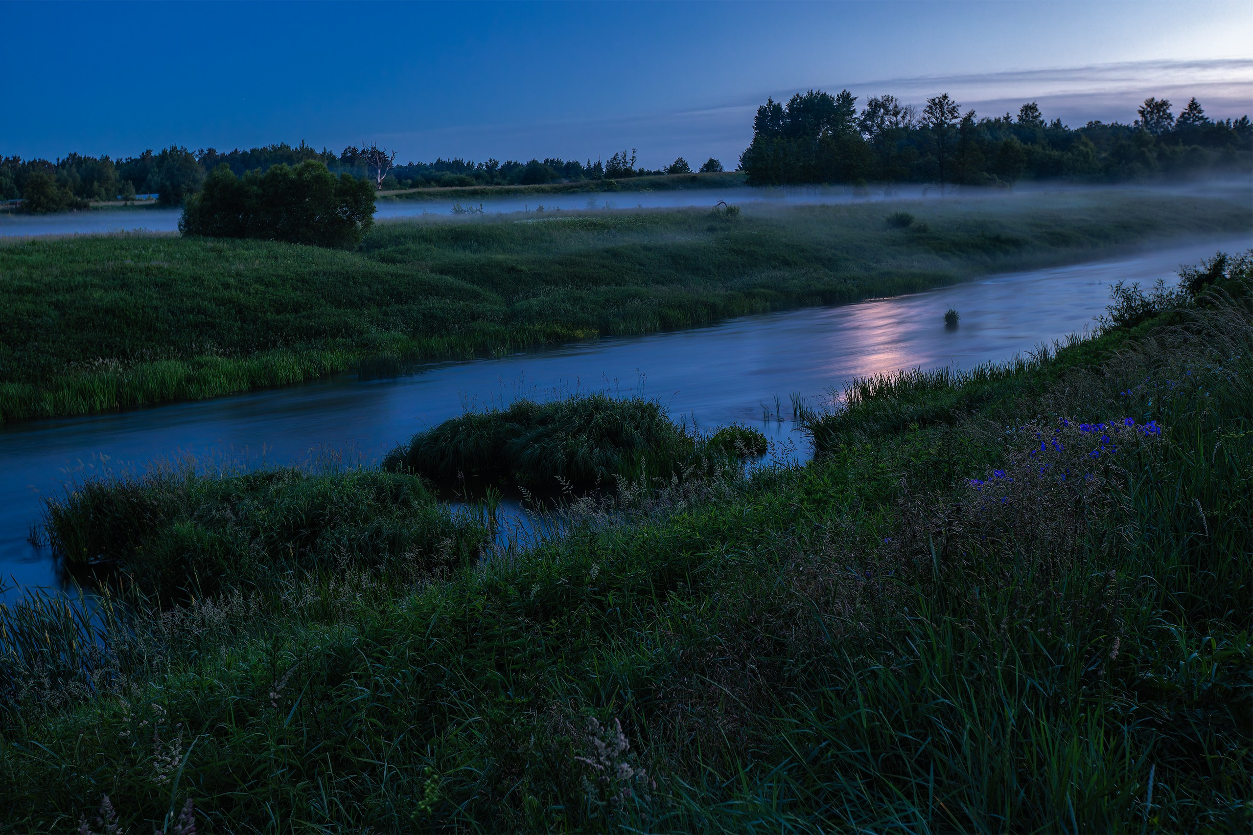 Blue-hour view of the Sheshupe River curving between dark green riverbanks and misty meadows in East Prussia.