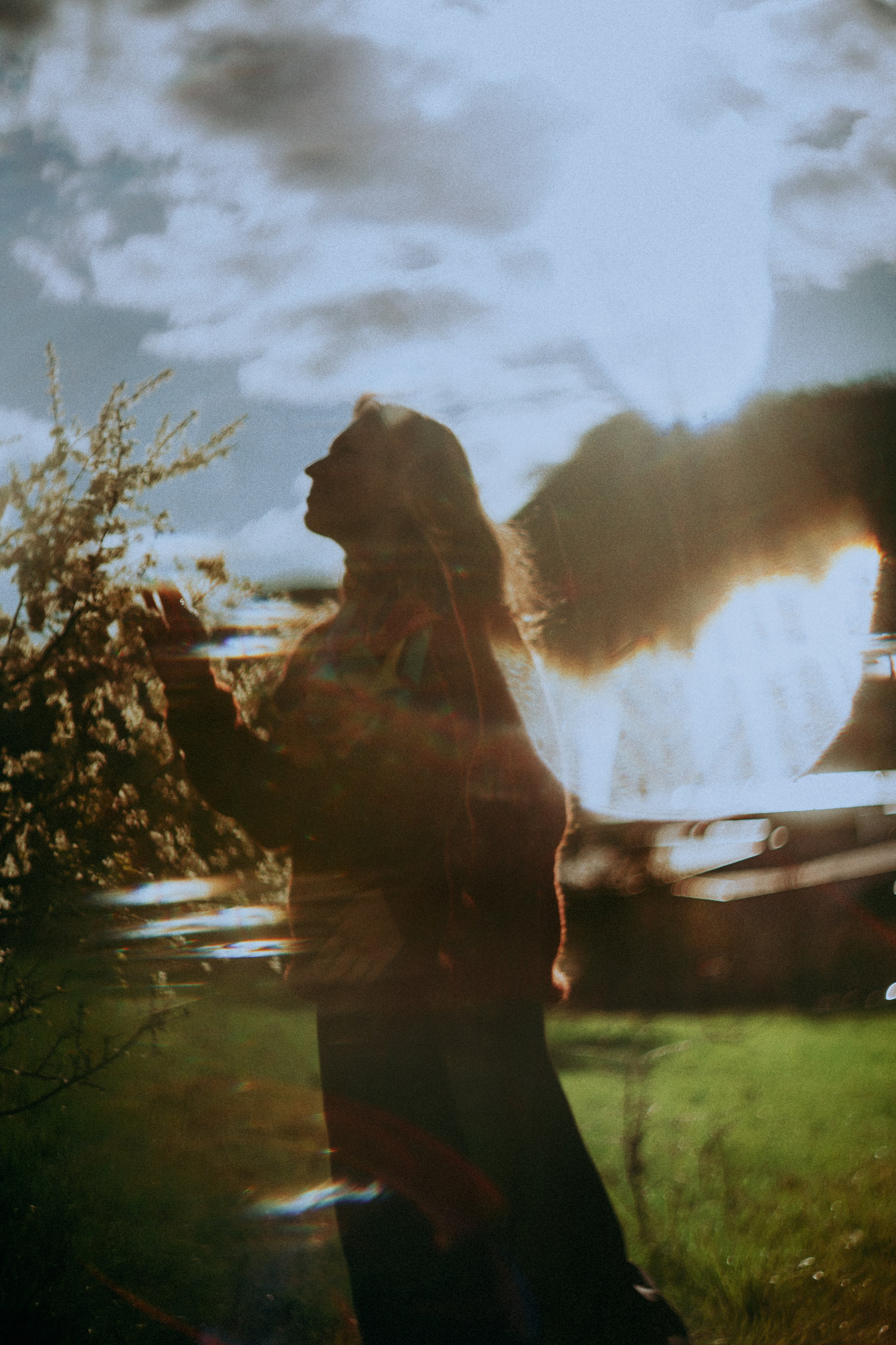 Силуэт девушки в яблонях на закате солнца