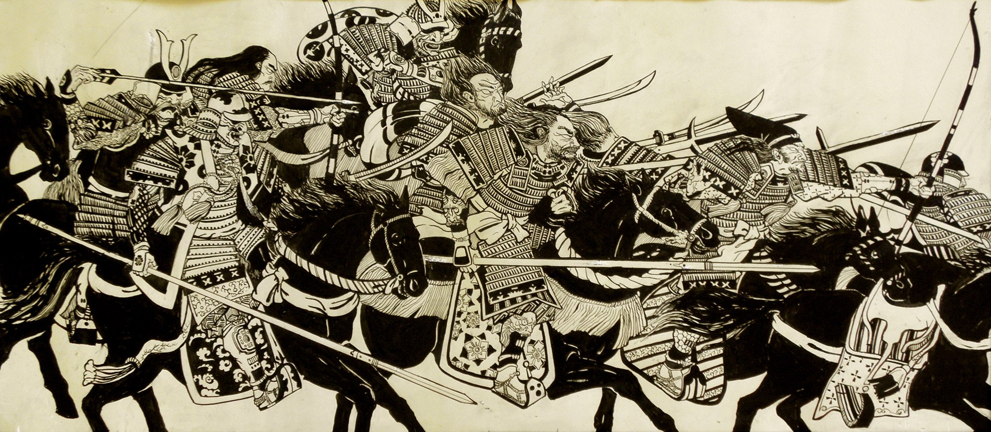 графический лист с изображением конных самураев в атаке.