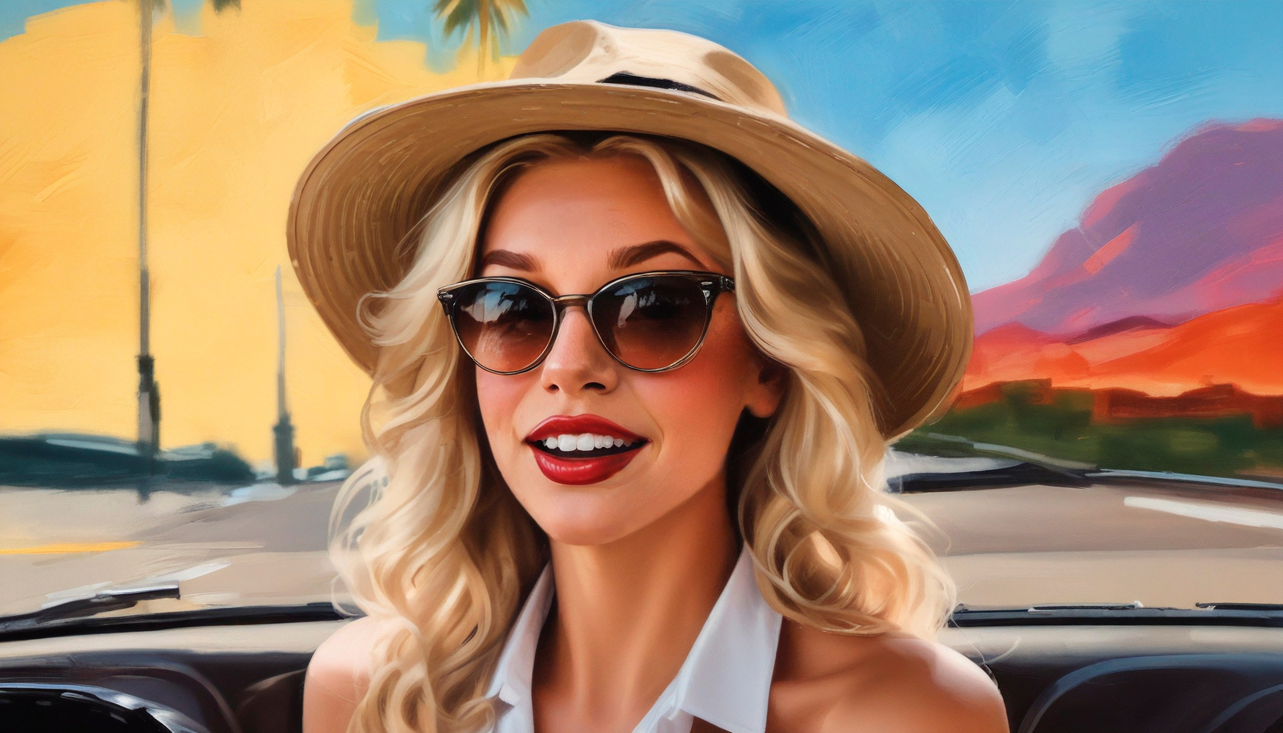 Blonde in a hat in the cabin of an open car, smiling, watercolor drawing..