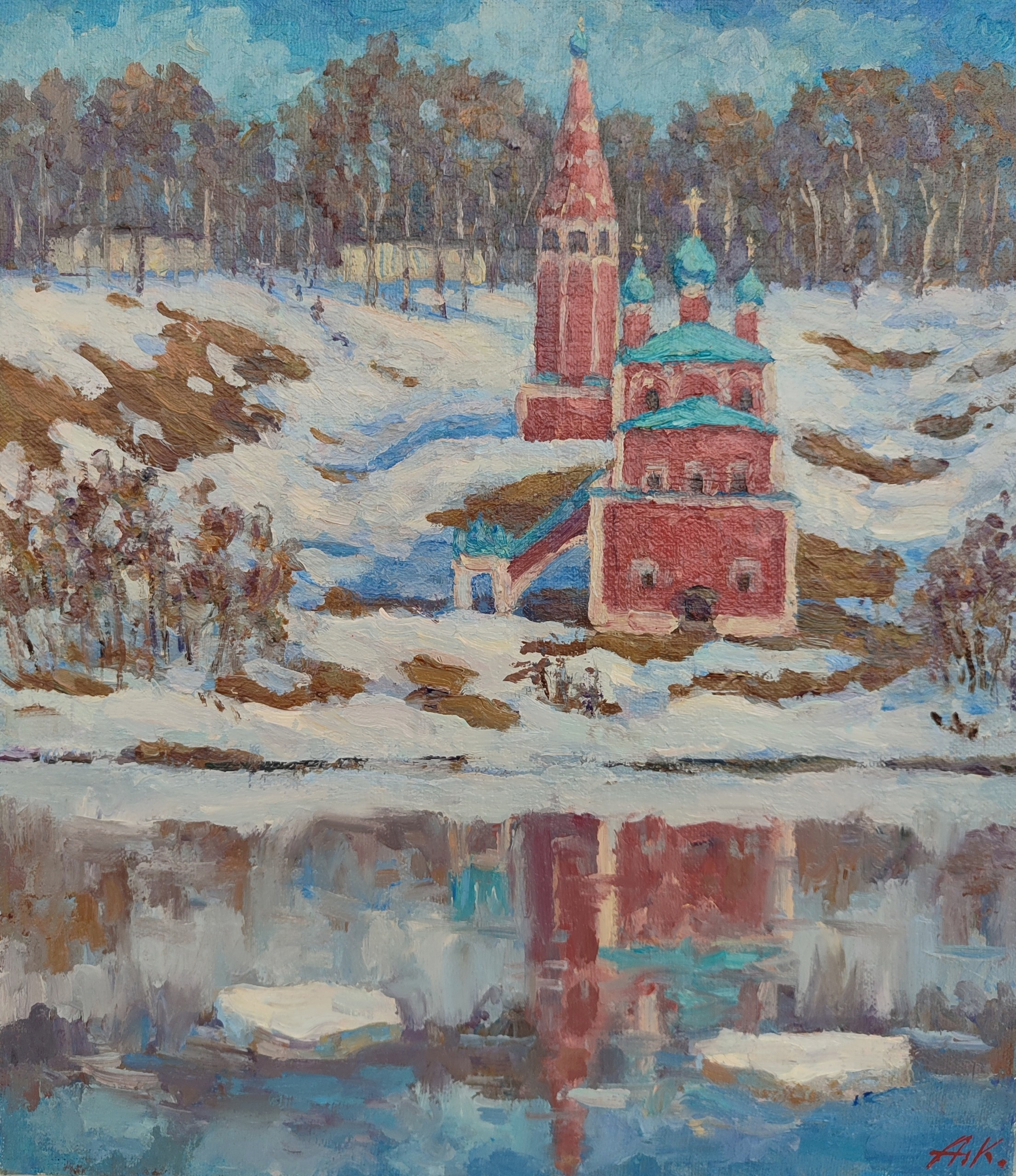 Русская церковь в Тутаеве в весеннем звонком пейзаже, картина маслом купить