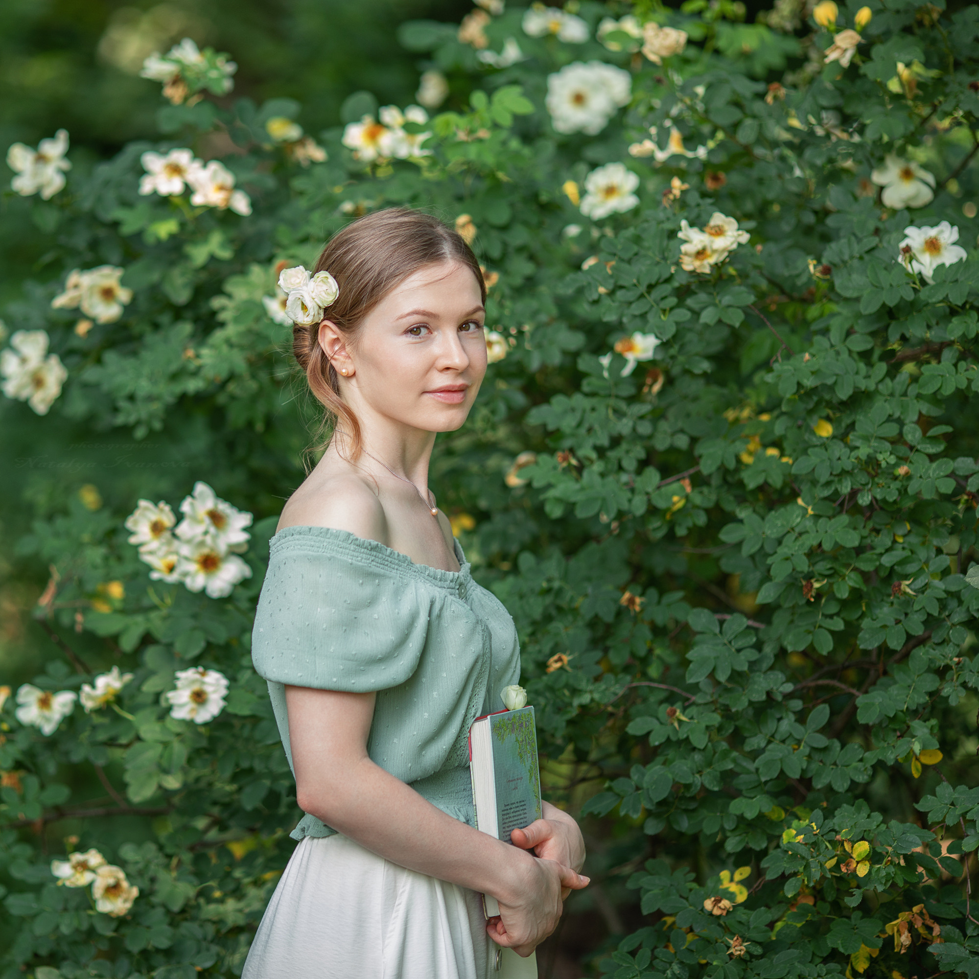 сад  розы   цветущий шиповник   цветы  розовый куст  лето  летняя фотосессия  цветы в волосах 
