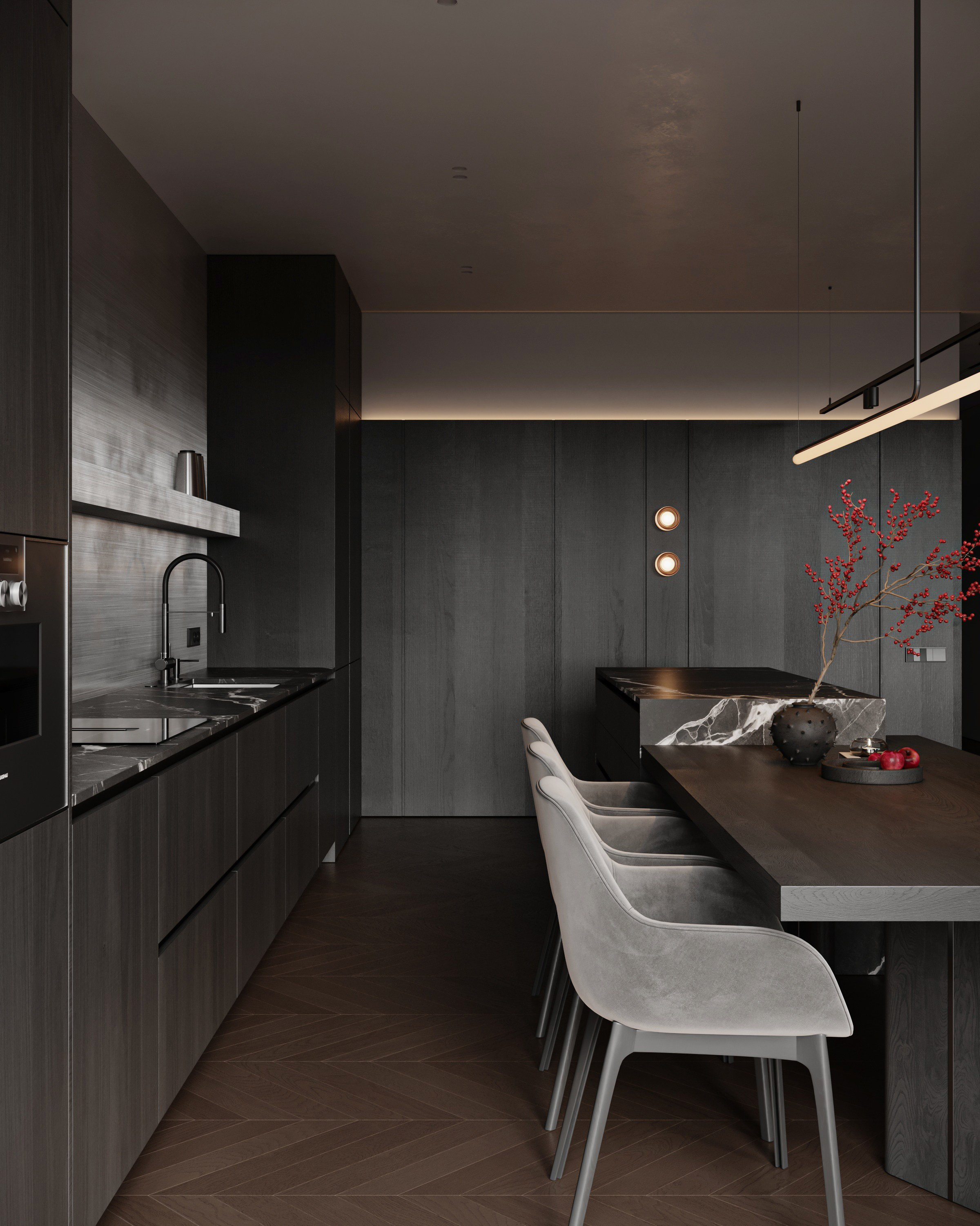 Темный интерьер большой кухни-гостиной в стиле минимализм