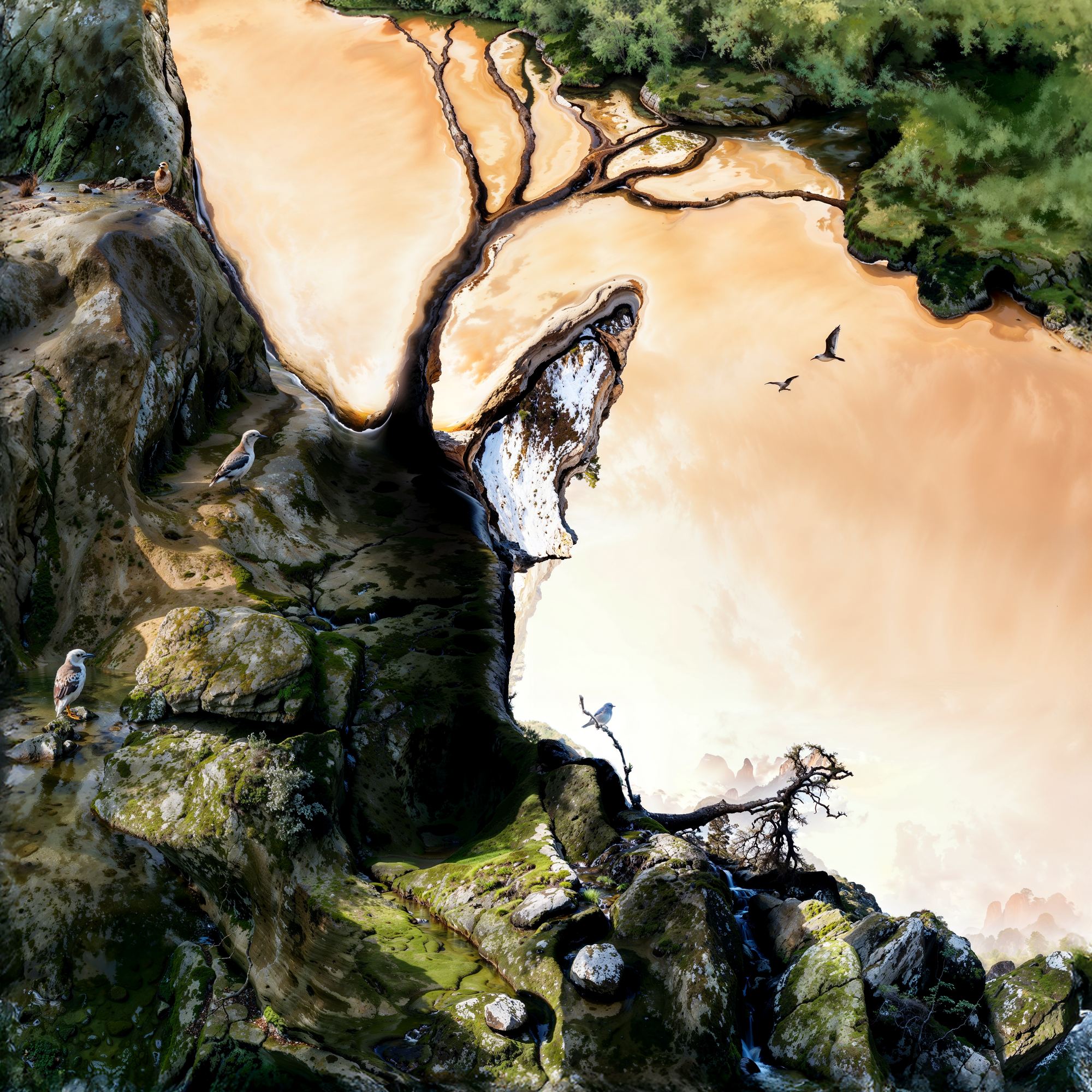 Оптическая иллюзия с женским лицом, образованным из элементов природы: деревьев, скал и воды.