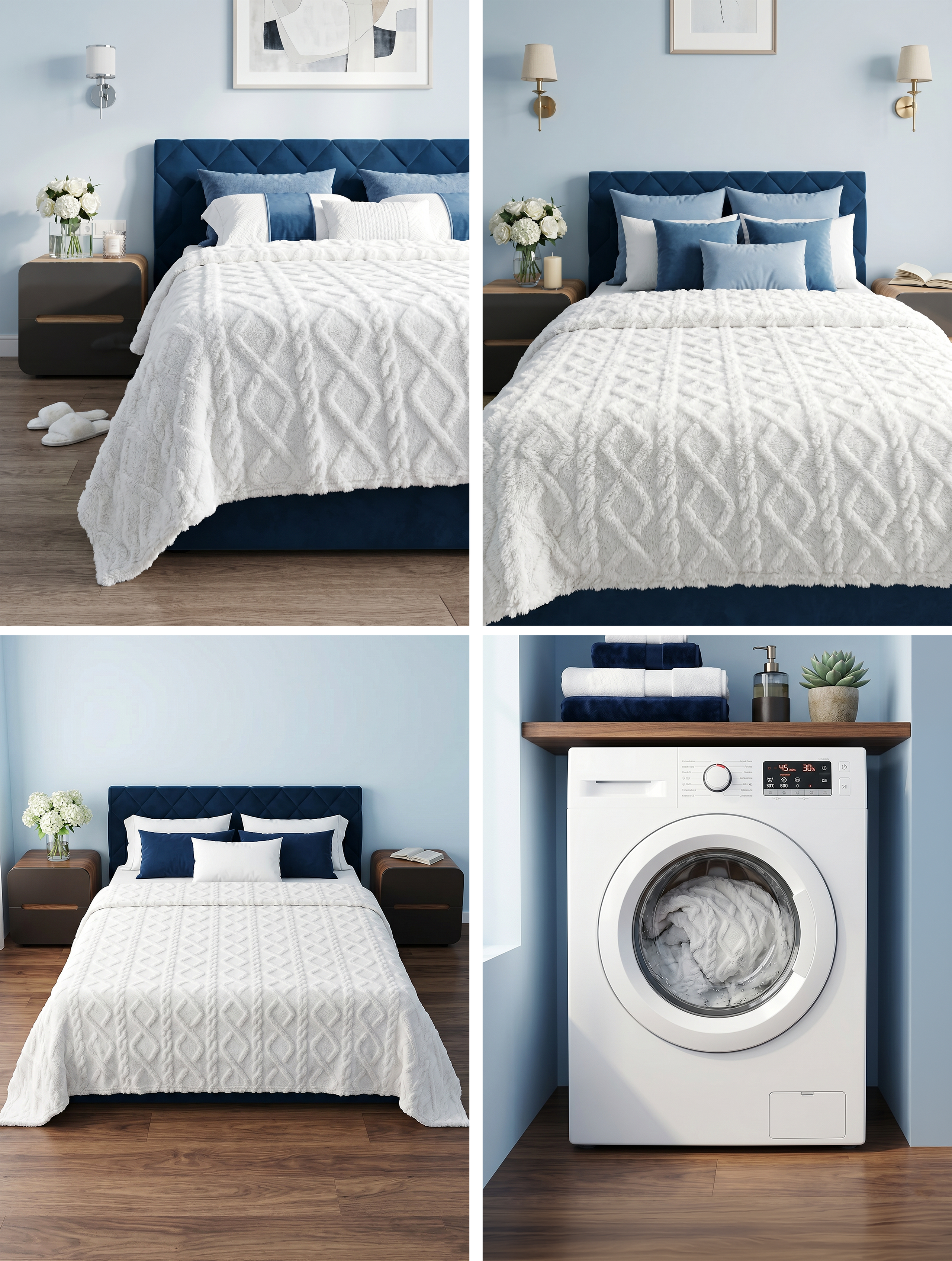 White velsoft blanket displayed on a bed alongside a washing machine, emphasizing easy care, durability, and everyday home use