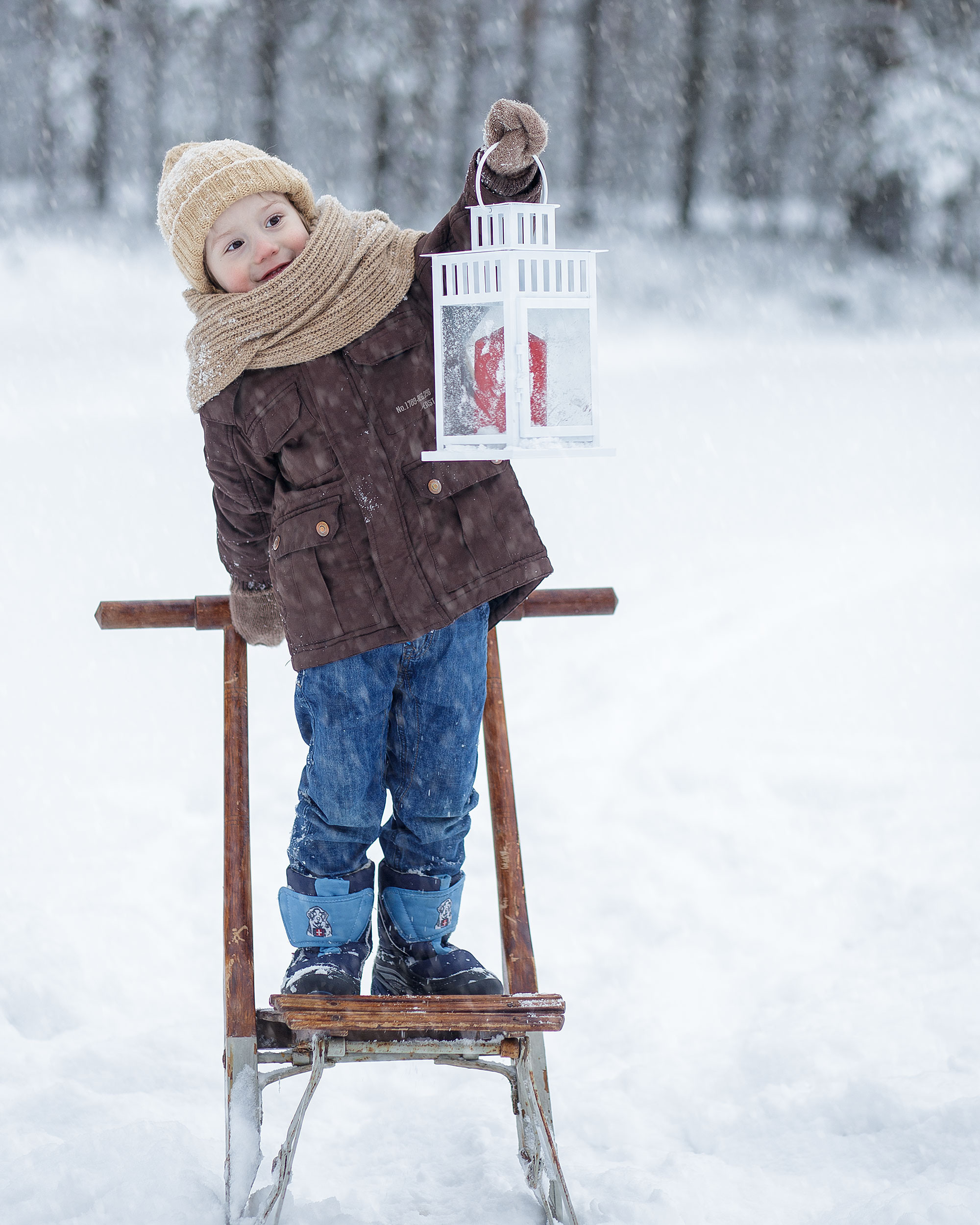 Зимняя съемка в лесу с санками. Идеи для фото
