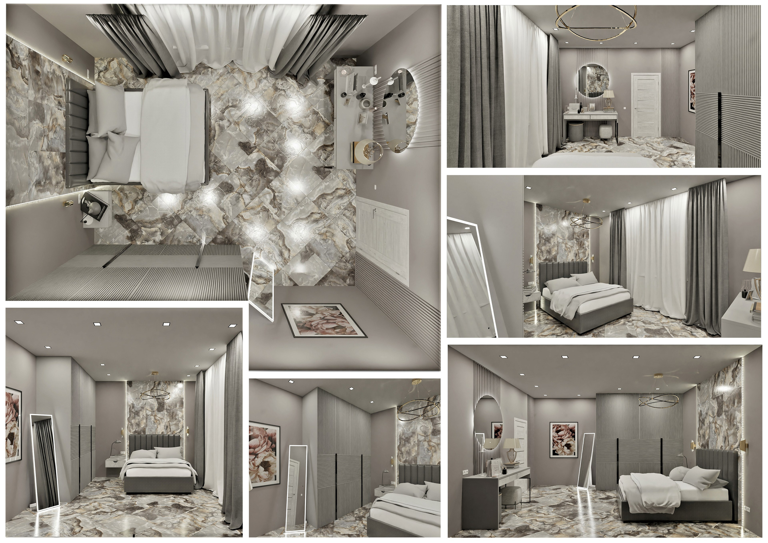 Коллаж 3d визуализации квартиры, по дизайн проекту. Выполнен в светлых оттенках.