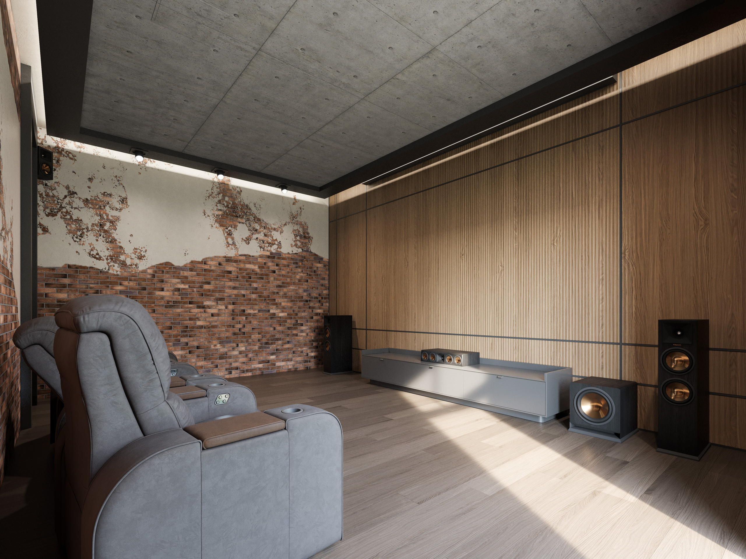 Кинотеатр в загородном доме с комфортными креслами и акустической системой