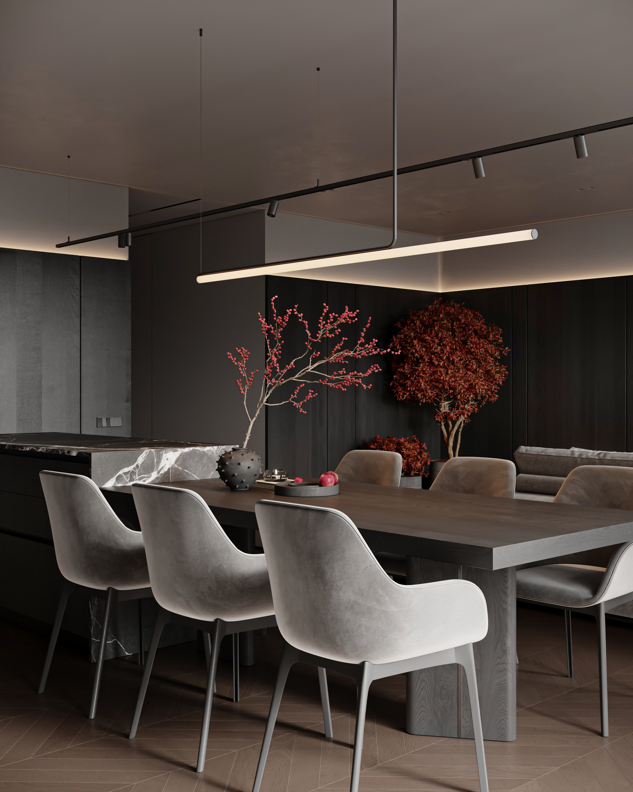 Интерьер современной кухни-гостиной в темных тонах