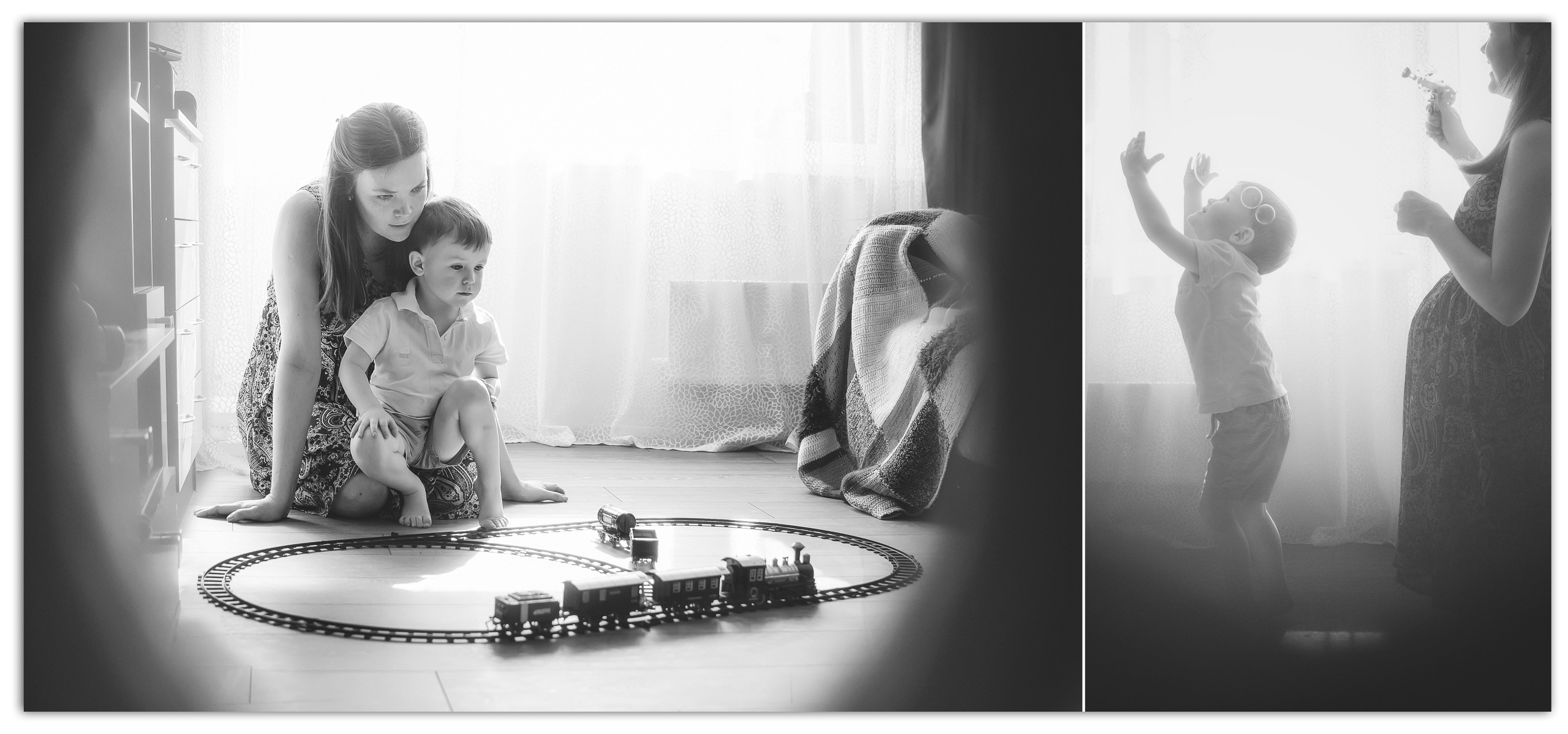 Беременная с детьми дома играют поездом, светлая тёплая атмосфера.