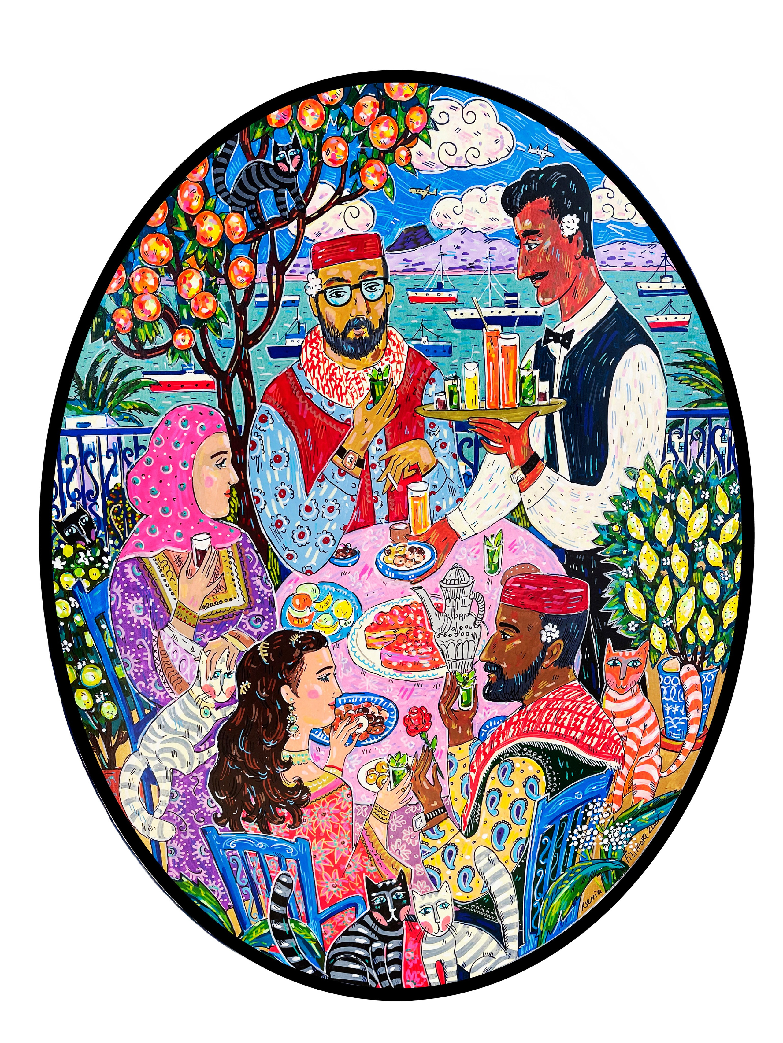 Tunisian Tea, acrylic markers and ink on canvas, 40 × 30 cm (oval), 2025
