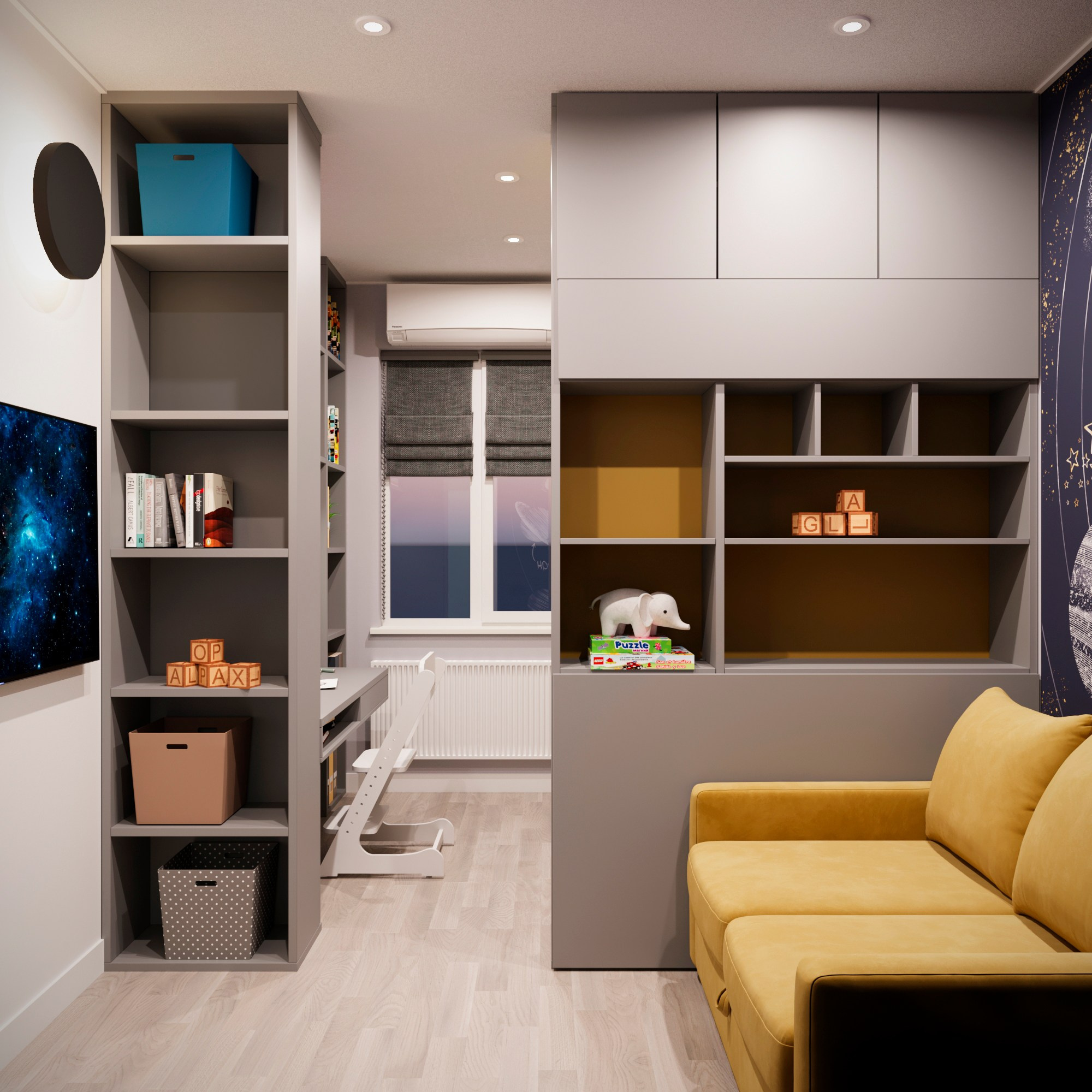 Космическая тема в детской: дизайн-проект с яркими обоями и шкафом-кроватью. Мастерская Добрых Интерьеров Александра и Аллы Добряк