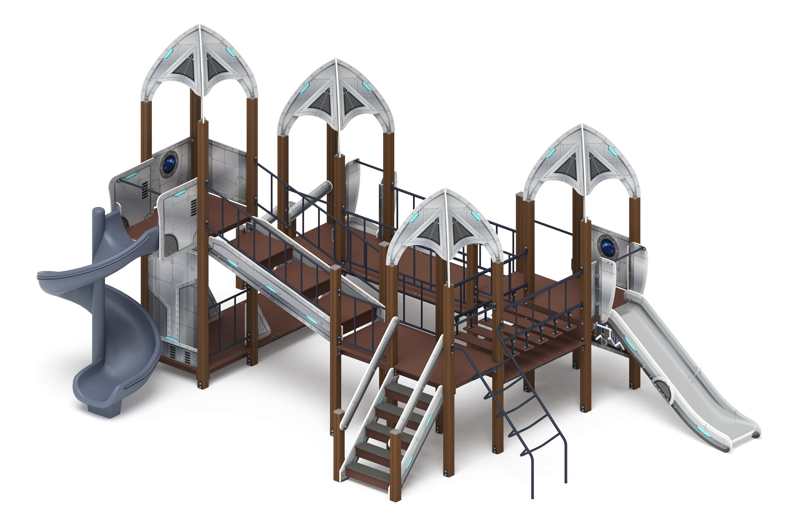 Космопорт (Серый) - ДИК 2.14.02-01.И1 - Игровой комплекс H=750 H=1200 H=2000                                                                            Габариты (ШхДхВ): 6430x7660x4500                                                                                                                                                                       Зона безопасности, мм: 10430х11660                                                                                                                                                                     Скат горки: H=750 (металлический скат) / H=1200 (металлический скат) / H=2000 (винтовой скат)                                          Возрастные ограничения от 5 до 12 лет