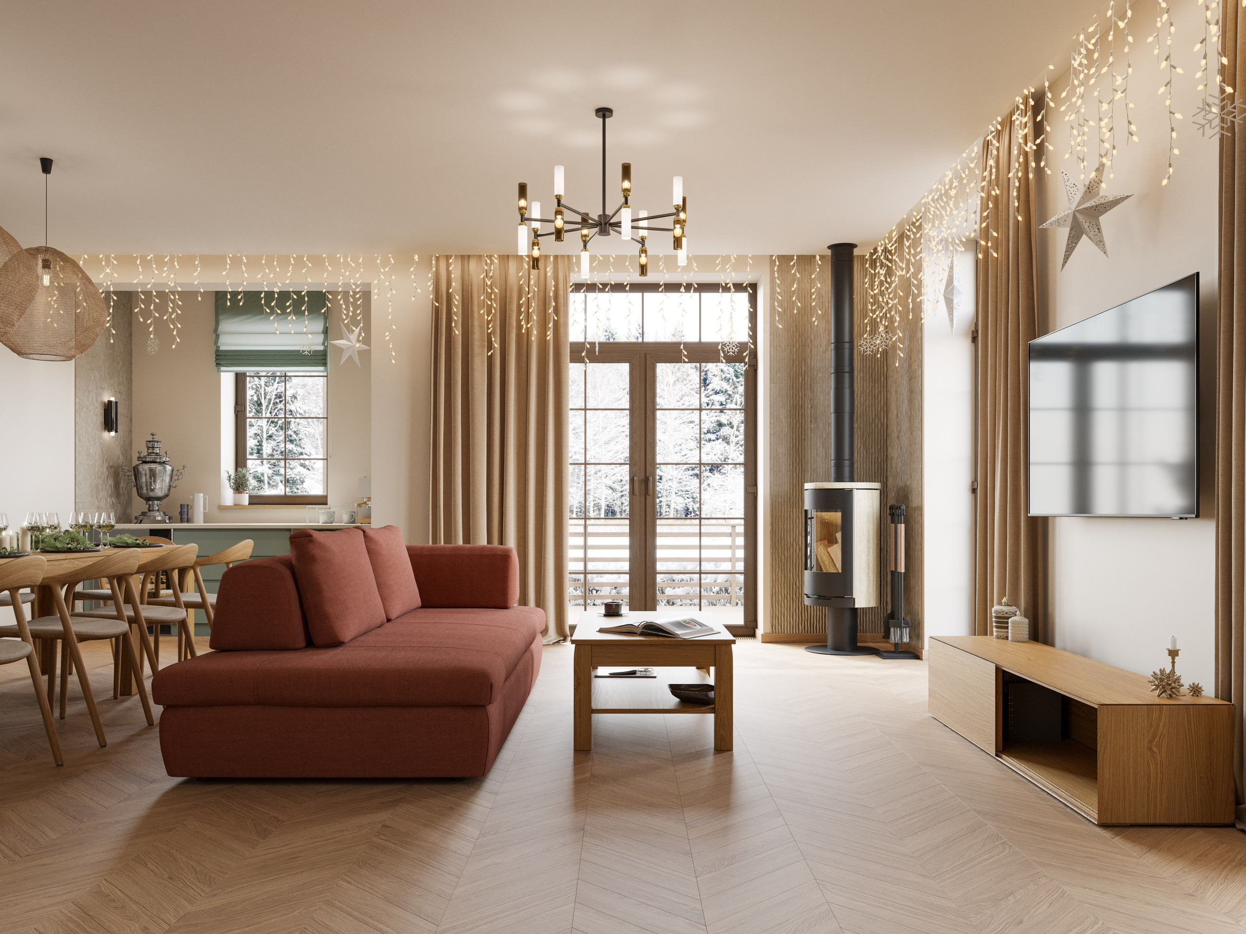 3D визуализация гостиной в современном стиле с печью-камином и диваном в минималистичном дизайне