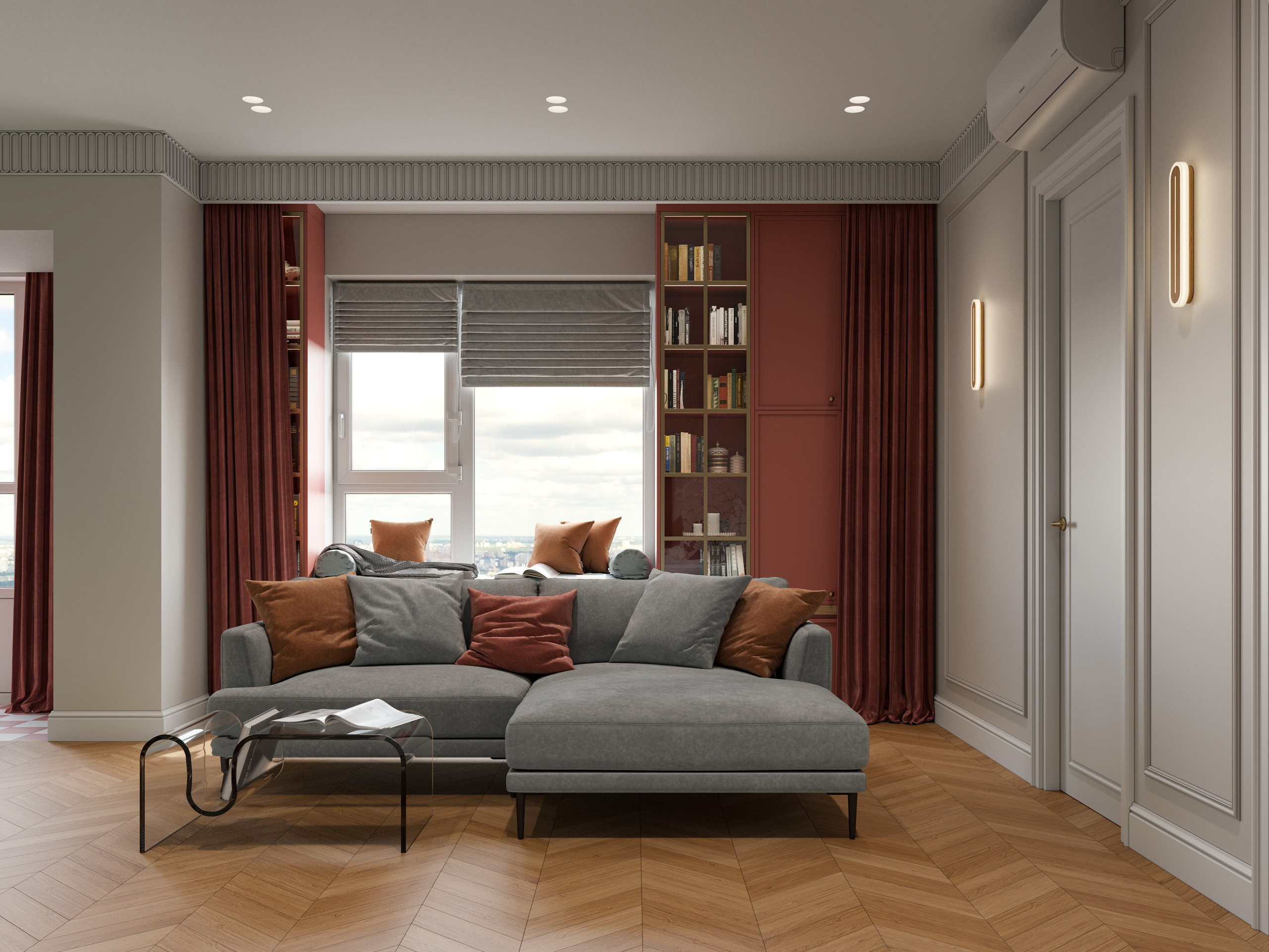 Гостиная зона с нейтральным диваном, прозрачным журнальным столиком и яркйо зоной отдыха с бибилотекой бордового цвета- современная классика с цветными акцентами