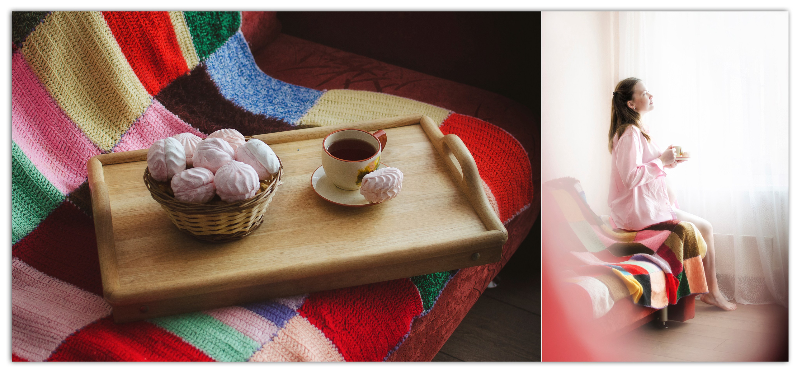 Уютное утро: беременная девушка на диване с чаем и зефиром.