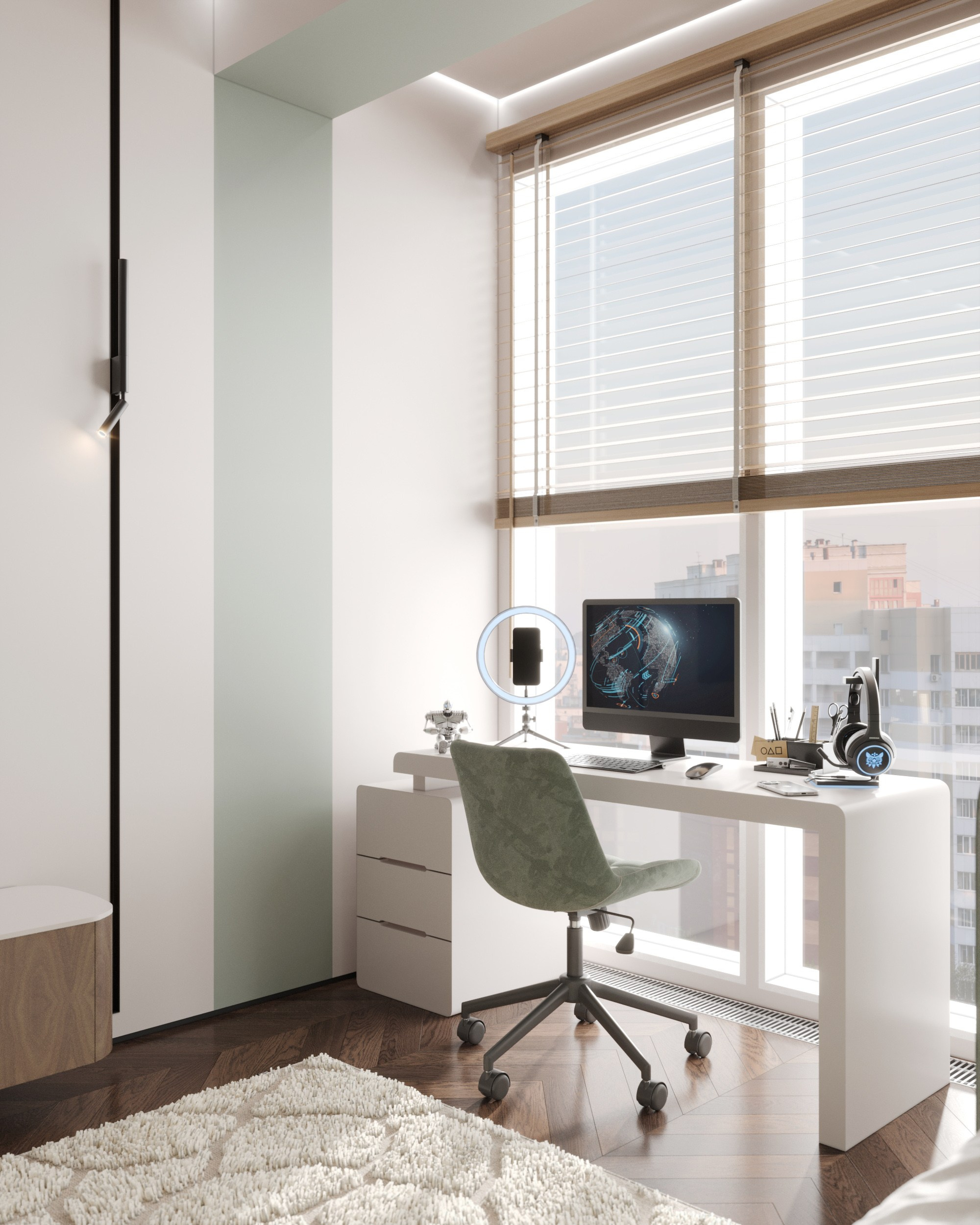 Детская с рабочим столом у окна, зелёным креслом на колёсиках, большим количеством естественного света